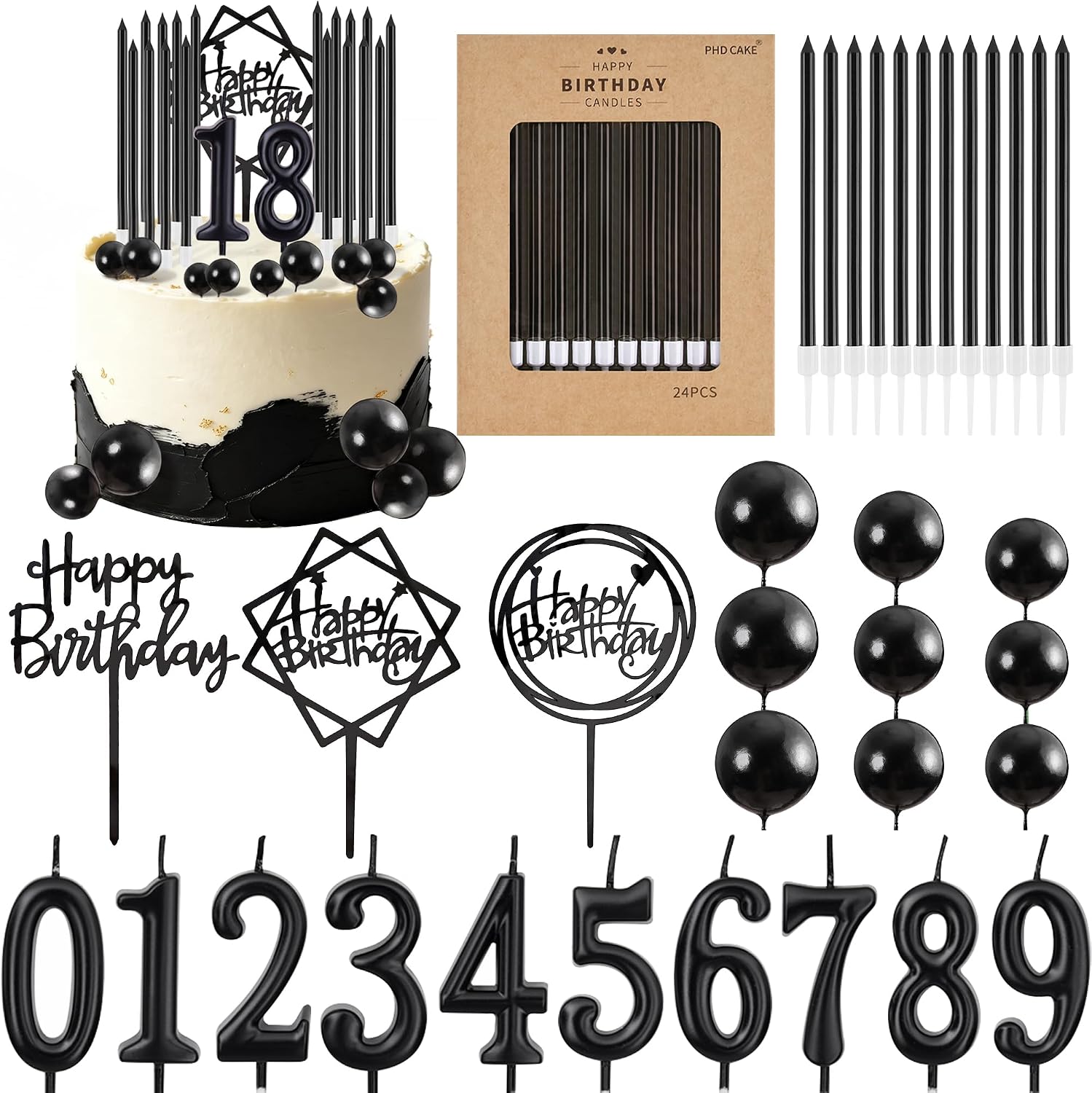 PHD CAKE 46 Pcs Black Birthday Candles, 10 Cake Number Candles, 9 Ball Cake Toppers, 3 Birthday Cake Toppers, Party Celebration