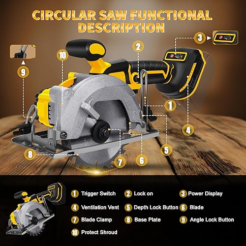 Miniatura 5 de Sierra circular inalámbrica de 5.5 pulgadas para batería Dewalt de 20V, sierra de madera eléctrica con motor sin escobillas, bisel de corte de 0-45,
