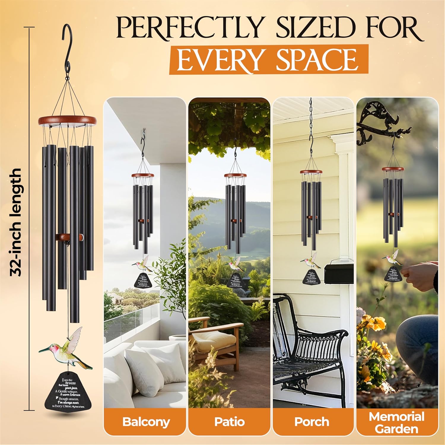 32 Inch Hummingbird Memorial Wind Chimes Outdoor, Sympathy Gifts for Loss of Loved One, Memorial Gifts for Loss of Mom, Sympathy Wind Chimes for Mother, Father, Brother, Sister