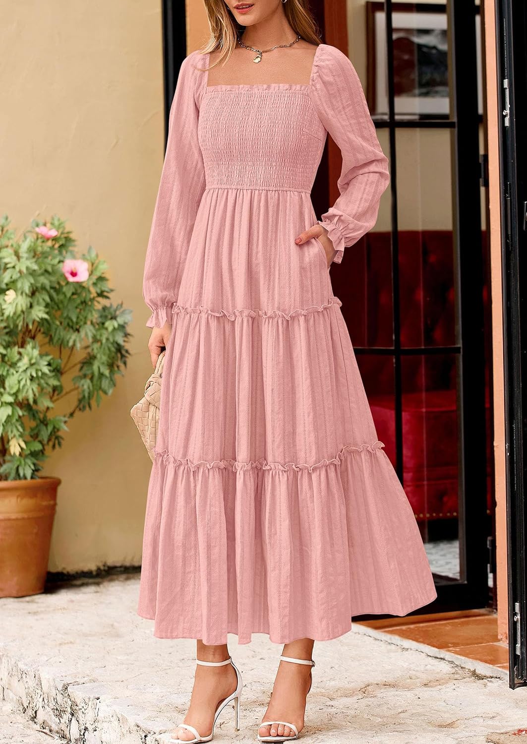 PRETTYGARDEN Spring Dresses for Women 2026 Casual Long Sleeve Smocked Ruffle Flowy Elegant Wedding Guest Maxi Dress Pockets - Image 2