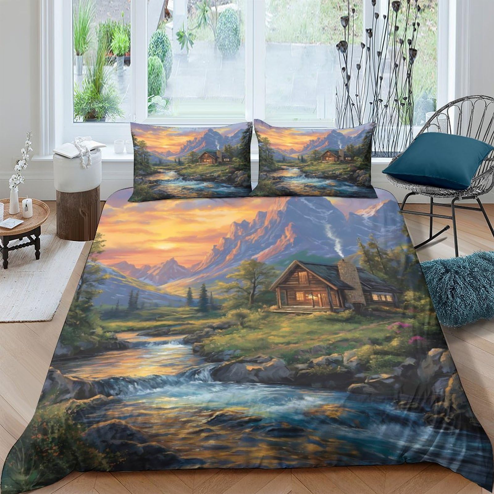 GPLZQXKJNH 3D Printed Mountain Sunset Duvet Cover Microfiber Soft River Cottage Bedding Set with 2 Pillowcases for Bedroom Decor Single（135x200cm）