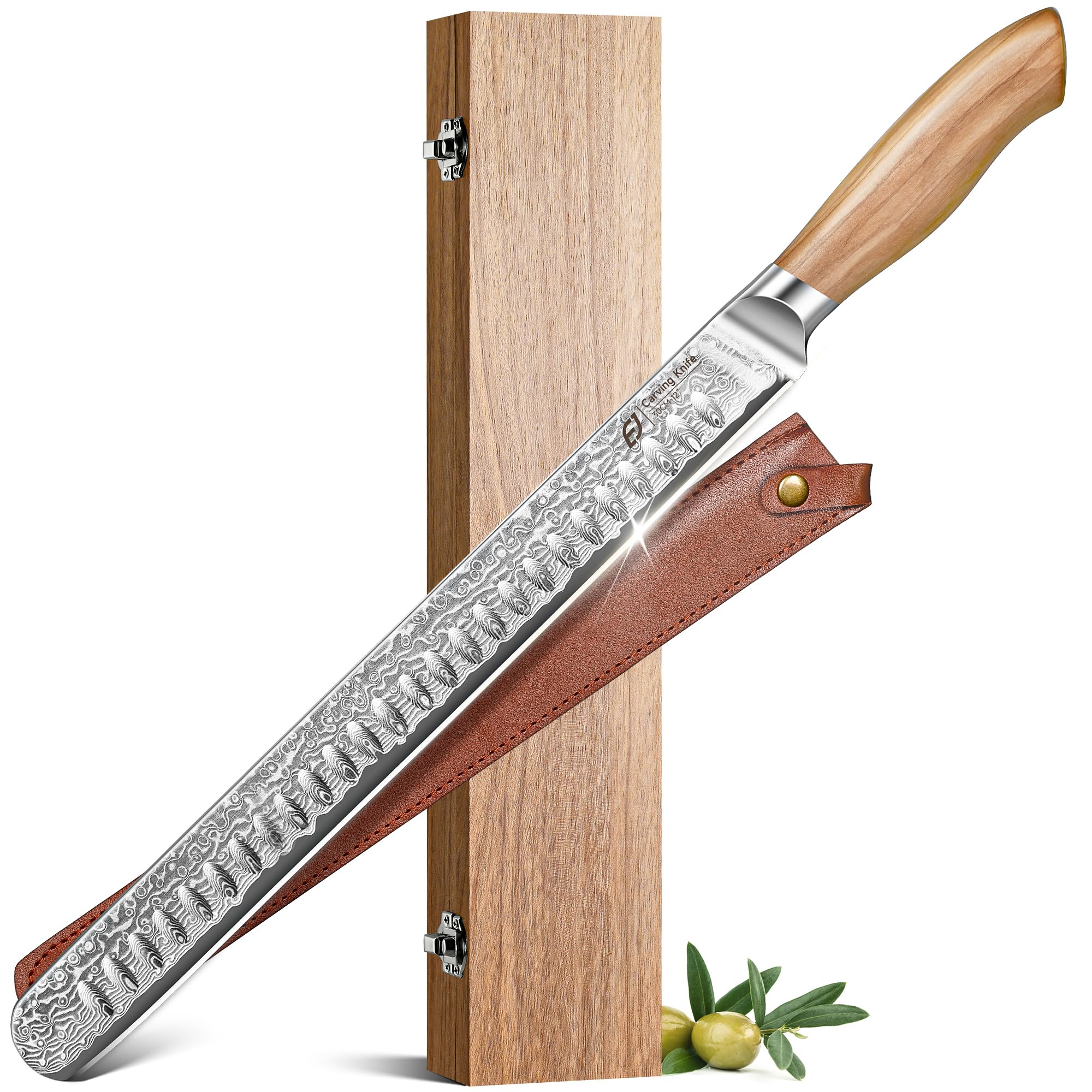 Emojoy Damascus Brisket Slicing Knife, 12" Carving Knife with Japanese Steel, Olive Wood Handle, Luxury Wooden Gift Box, Razor Sharp for Meat & Turkey