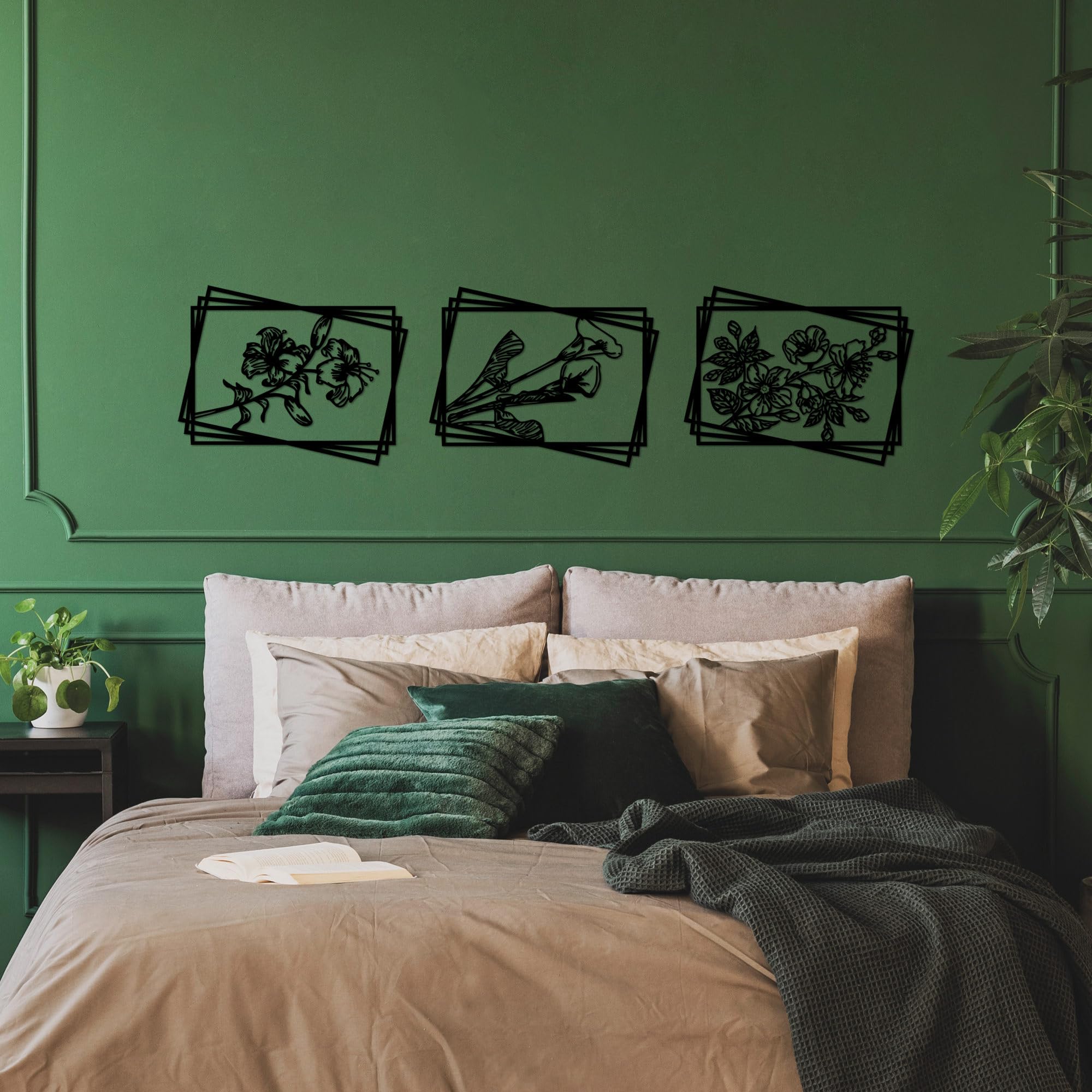 Hanah Home Elegante accesorio decorativo de pared de metal negro (3 piezas), 47 x 60 cm, 100% metal, 1,5 mm de grosor, perfecto para decoración moderna del hogar y paredes de galería