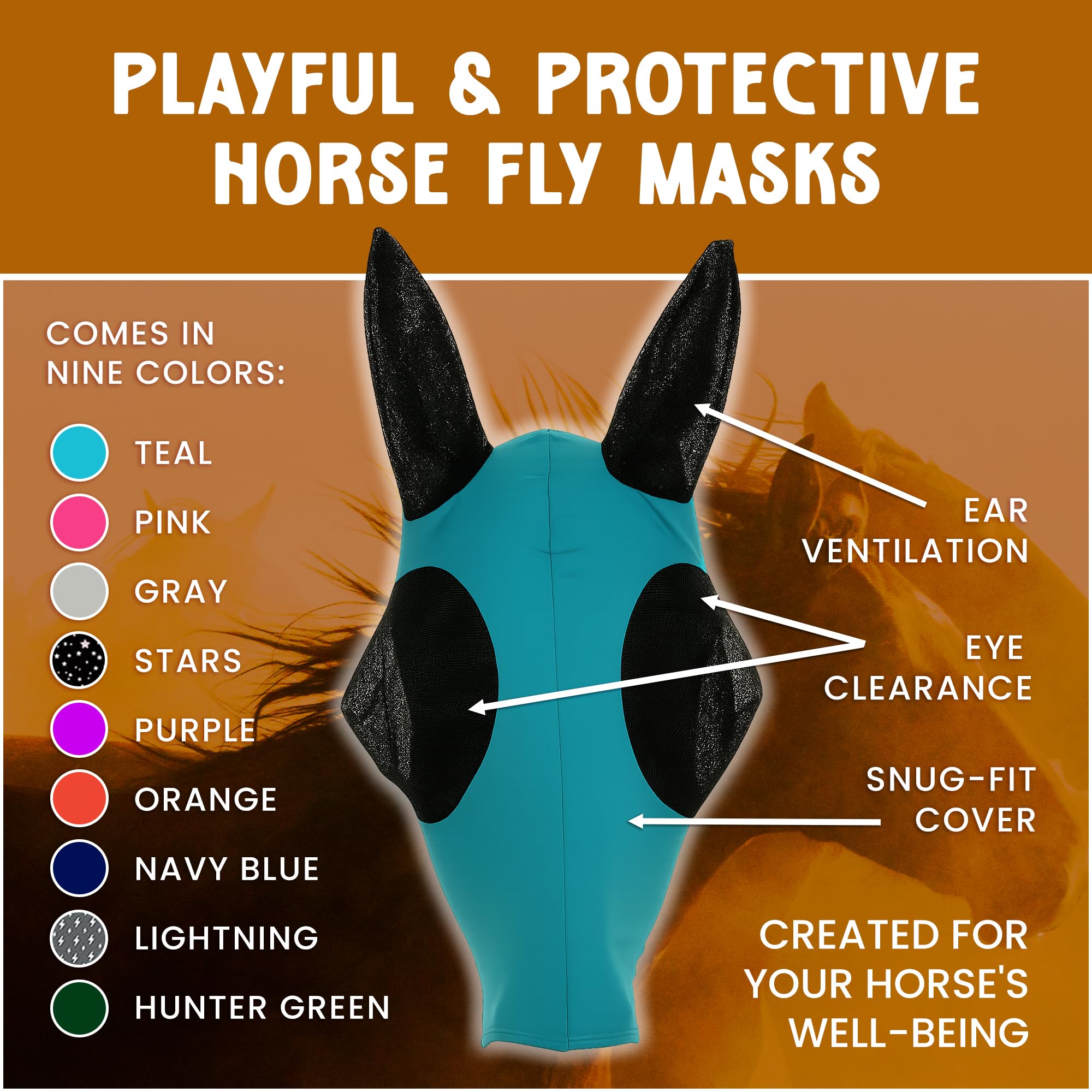 Prairie Horse Supply Máscara de Lycra para Moscas de Caballo con Orejas, Ajuste Cómodo, Malla para Senderos, Pasto, Protección Solar UV (Caballo, Azul Marino)