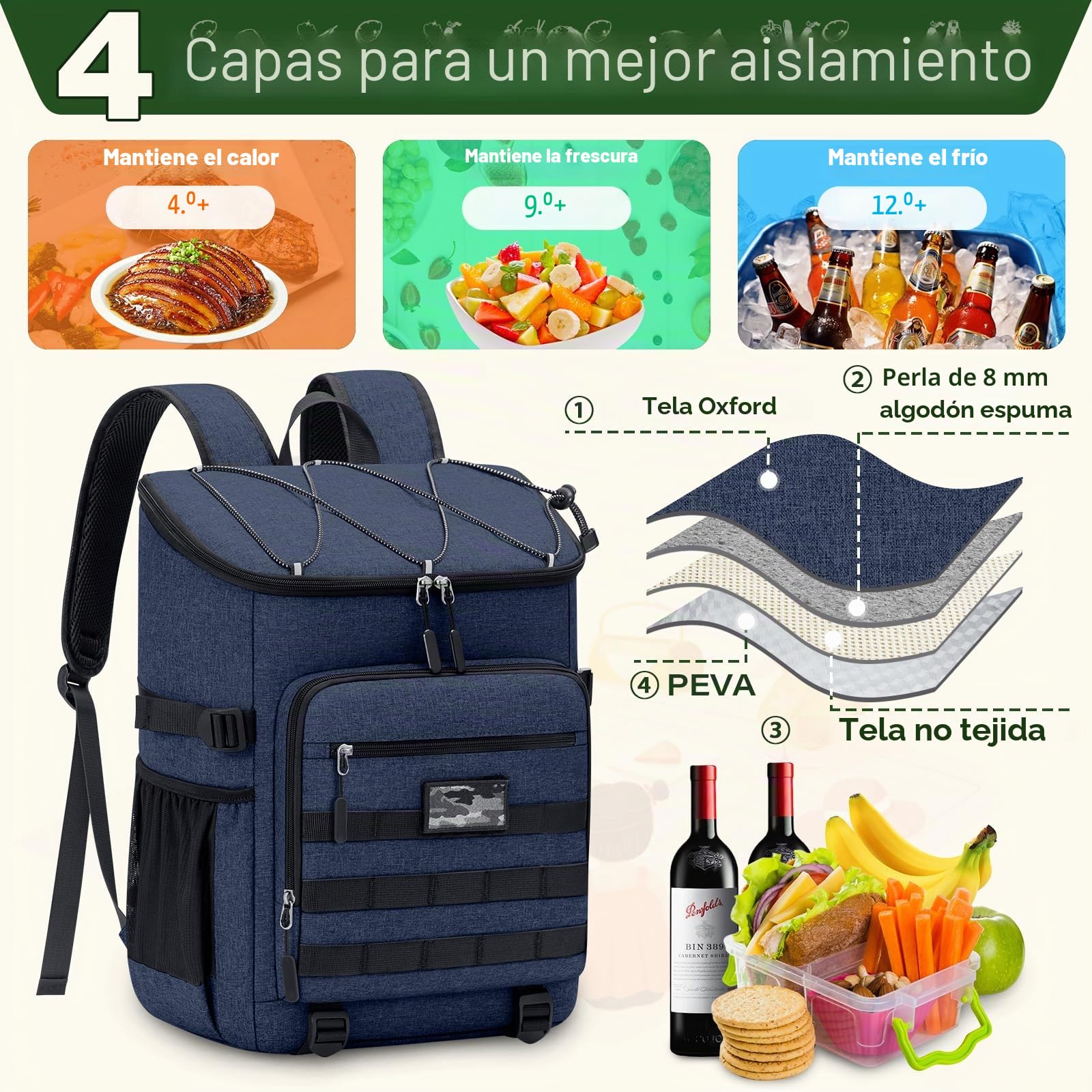 NEWHEY Mochila Térmica 30L Impermeable Almuerzo Gran Capacidad Mochila Nevera Isotermica Bolsa Picnic Duradera y Ligera para Exteriores Trabajo Camping Playa Senderismo