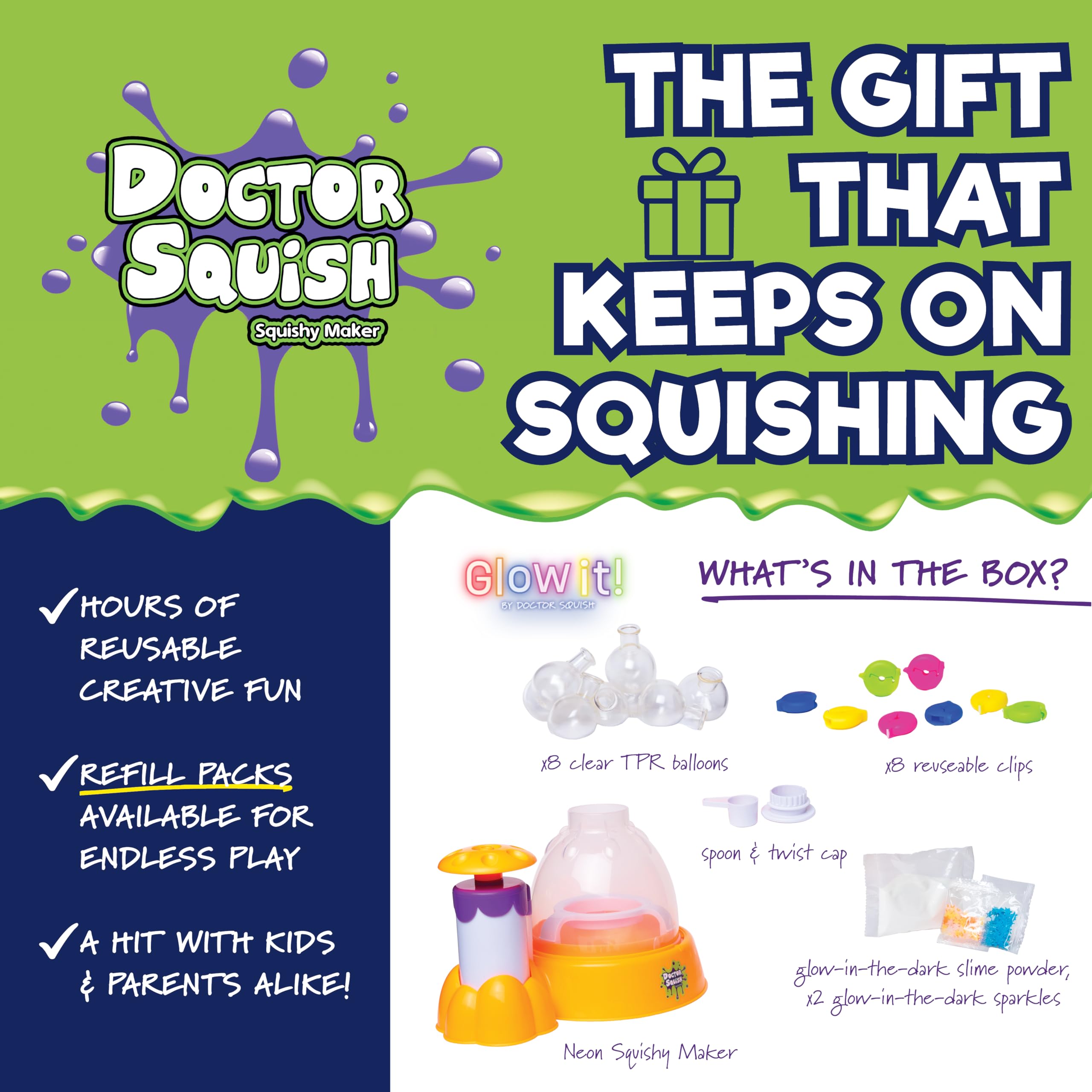 Doctor Squish - Squishy Maker Station Neon - Świecące w ciemności Squishies Udekoruj błyszczącymi, Proszkiem Slime i Squishami, po prostu dodaj wodę, aby stworzyć własną