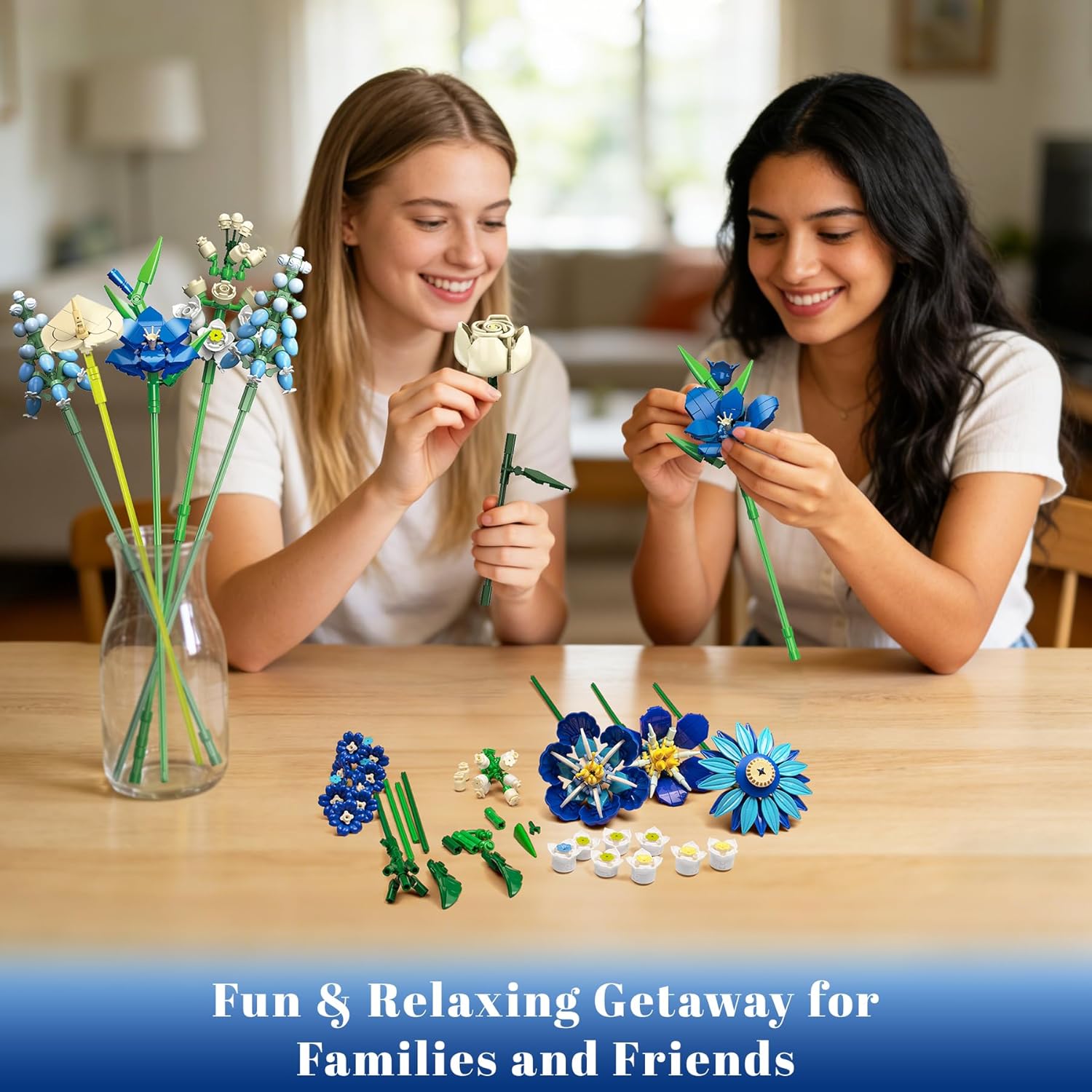 Blue Flower Bouquet Building Set, Compatible with Lego Flowers for Adults, Artificial Botanical Collection Kit for Valentines Day Mother's Gifts Home Room Desk Shelf Decor