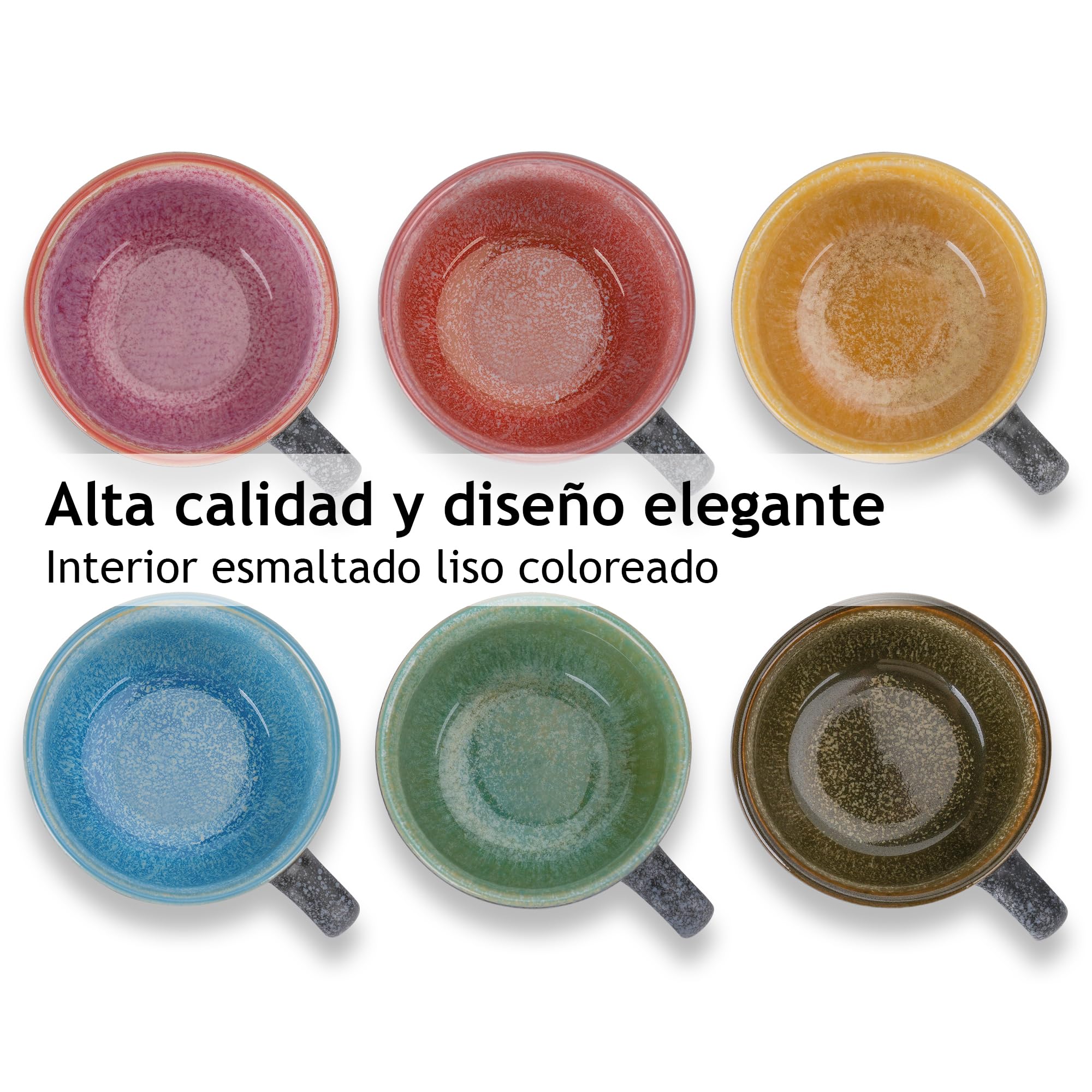 MIAMIO – Taza de Capuchino Apilable de Cerámica de 190 ml con Platillos y Soporte de Metal – Juego de 6 tazas de Capuchino de Gres para Bebidas Especiales de Café, Americano – Colección Las Palmitas