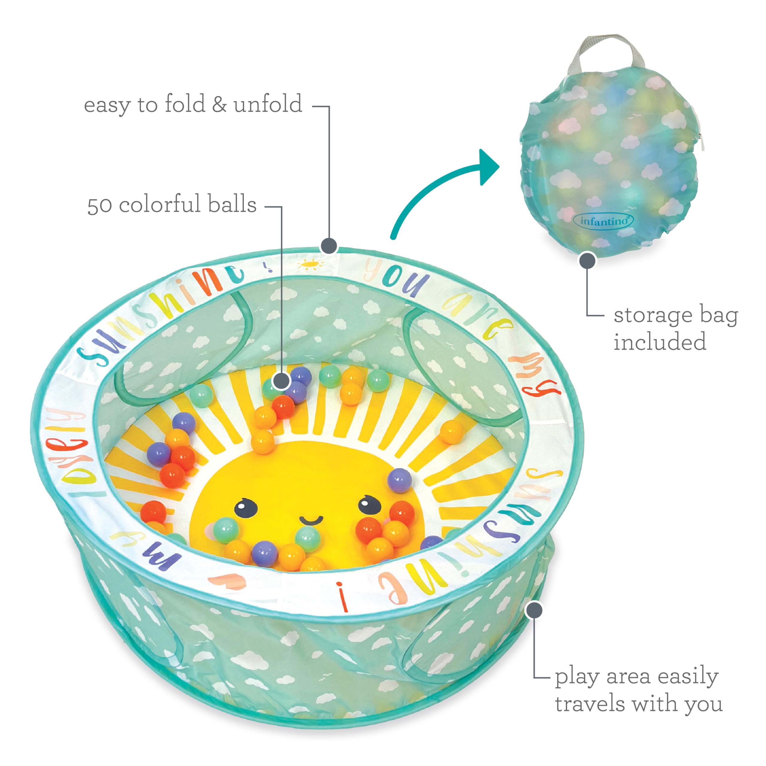 Infantino Pop-Up Bällebad mit 50 Bunten Bällen, Einfacher Aufbau & Platzsparende Aufbewahrung für Babys, Großes Spielzelt 90 cm, Farbenfrohes & Fröhliches Design