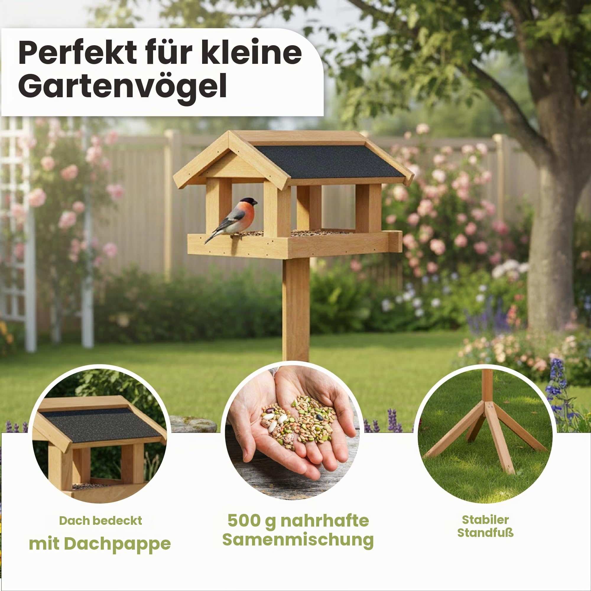 PATKAR Vogelhaus Futterhaus für Vögel mit Ständer aus Kieferholz - Vogelfutterstation Vogelfutterhaus für Singvögel Wildvögel Vogel Futterstation + 500g Futter Gratis