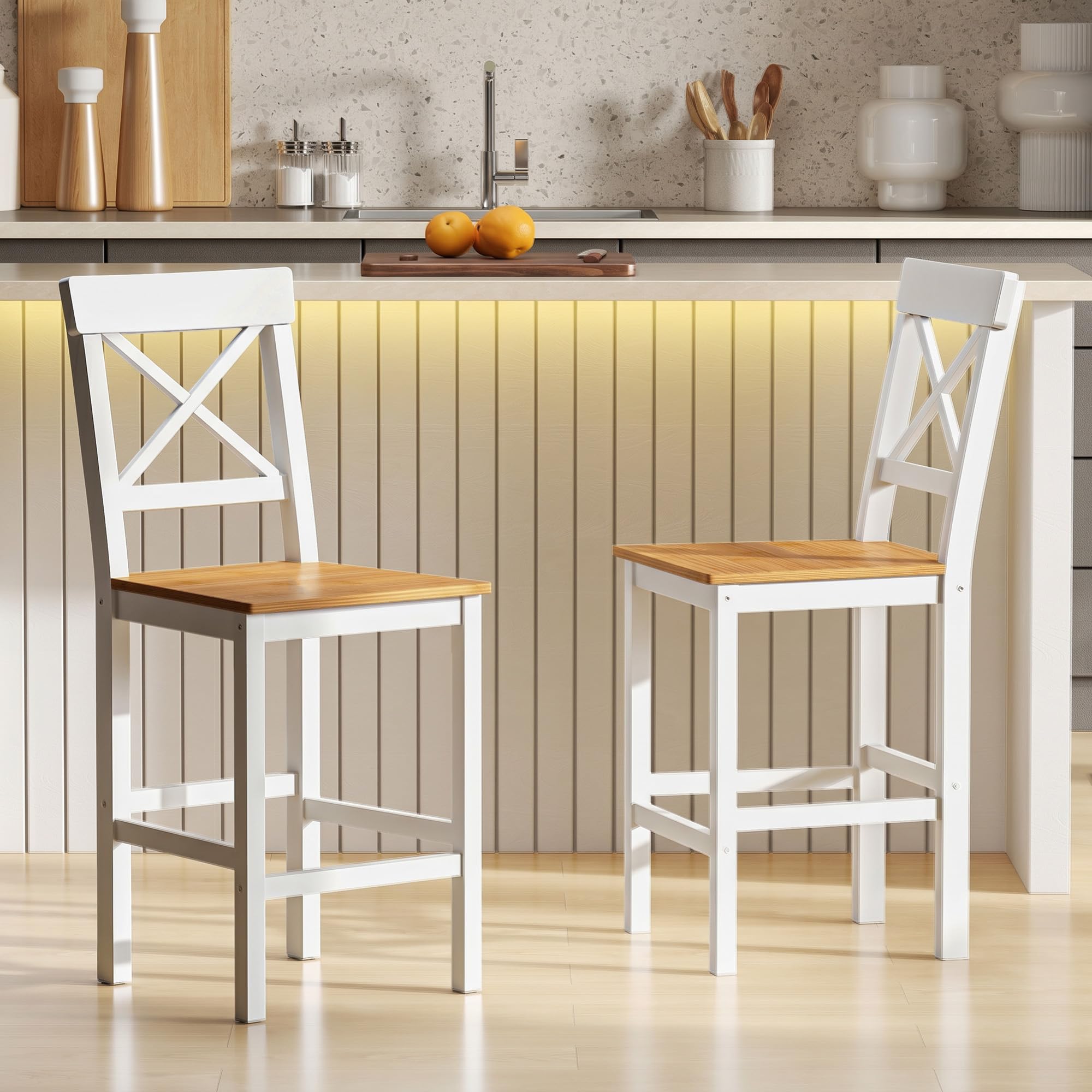 HOMCOM Conjunto de 2 Taburetes de Bar Altura Asiento 60,2 cm Taburetes de Cocina de Madera con Respaldo y Reposapiés Carga 120 kg para Comedor Salón Natural y Blanco