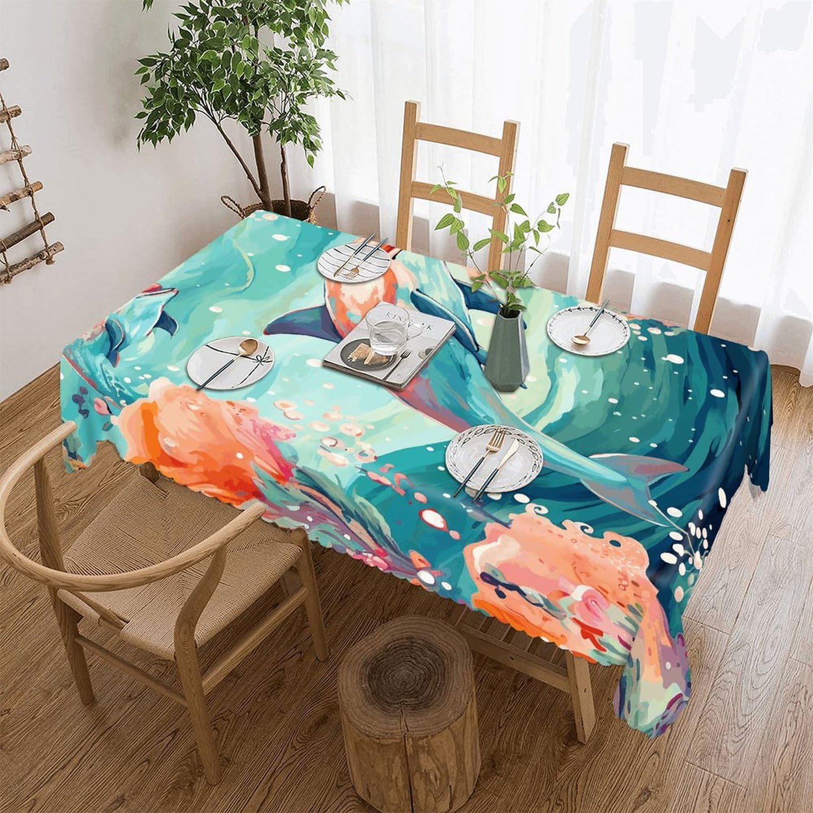 LOKLNEYK Lovely Dolphins Tablecloth Rectangle Table Cloth Decorative Fabric Table Cover Waterproof Seasonal Table Cover Wrinkle Resistant Washable Table Cloth for Party Picnic Dinner Decor 55"x70"