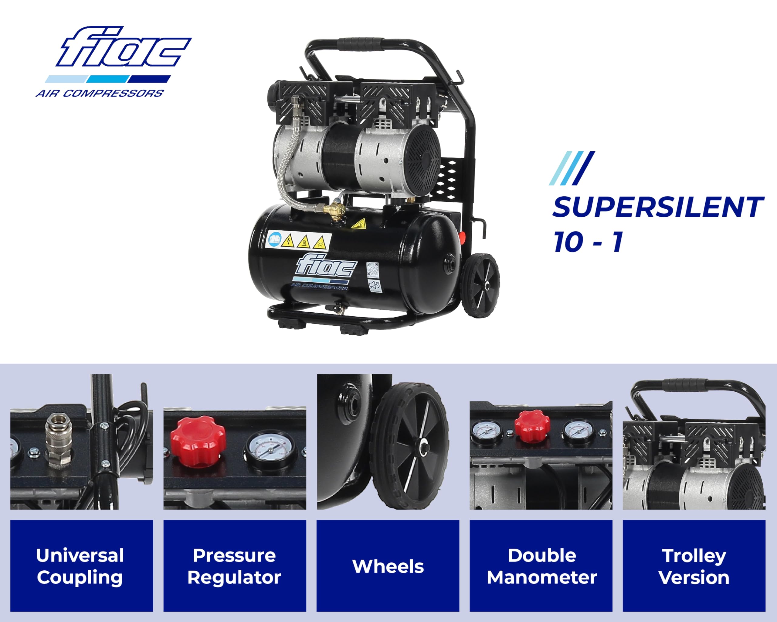FIAC Tragbarer Luftkompressor SUPERSILENT 10, Ölfrei, Maximaler Druck 8 Bar, 1 PS, 10-Liter-Tank, Geräuschpegel 58 dB LpA