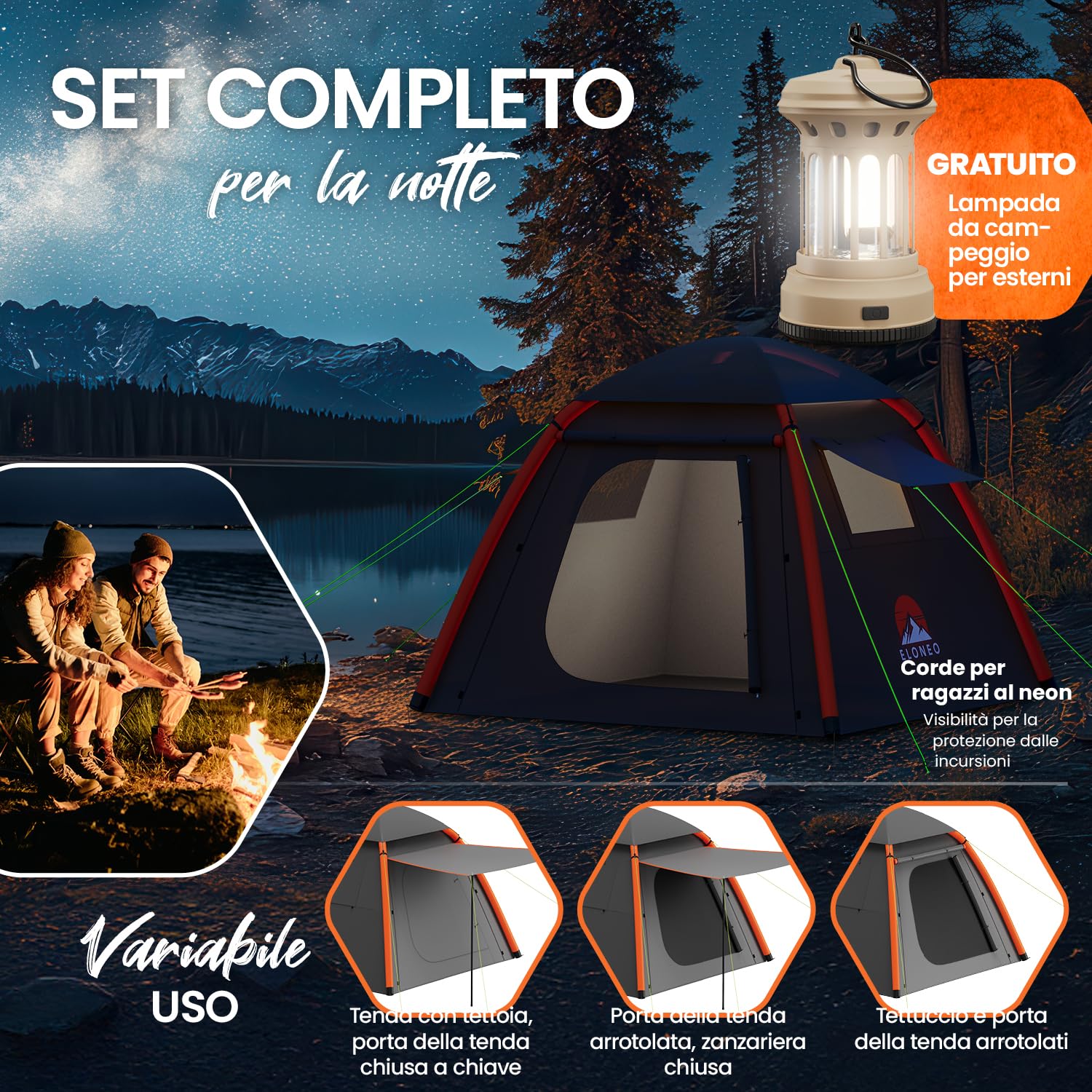 ELONEO Tenda gonfiabile con baldacchino e pompa d'aria, tenda da campeggio impermeabile, tenda ad aria ultraleggera, tenda gonfiabile, tenda glamping con luce LED gratuita