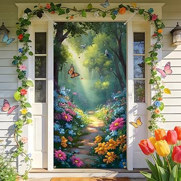 BVBOX Natural Scenery Door Cover Banner 35.4"x70.8" - Enchanted Forest Path Fabric Door Covers, Porch Front Door Welcome Hanging Cover for Daily Decorations
