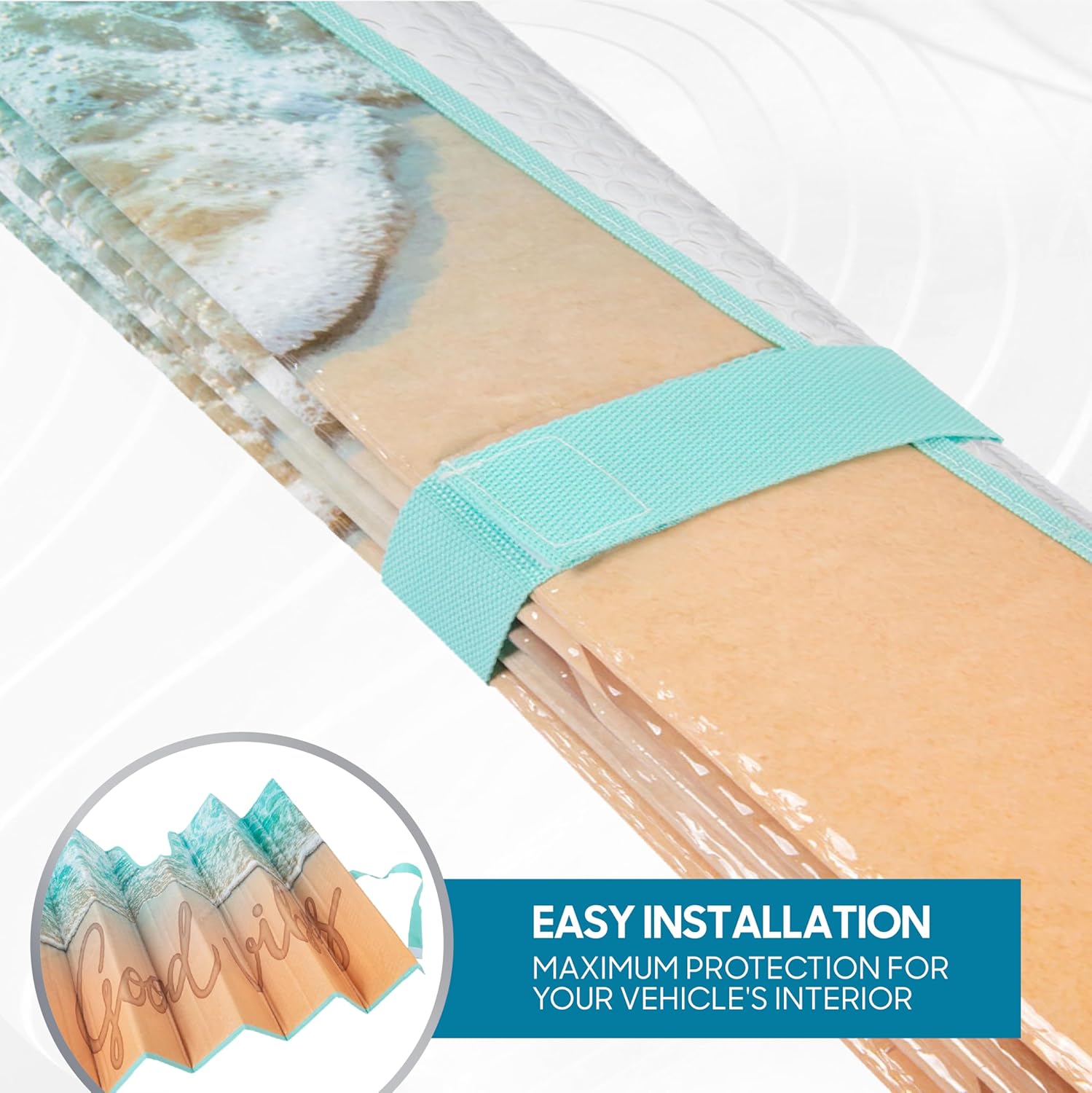 BDK USA Good Vibes Beach Sun Visor for Car Windshield Sunshade - Truck Sun Shade Windshield Cover & Accordion Window Cover Car Shield Sun Protector - Dash Protection to Keep Your Vehicle Cool 58"x27"