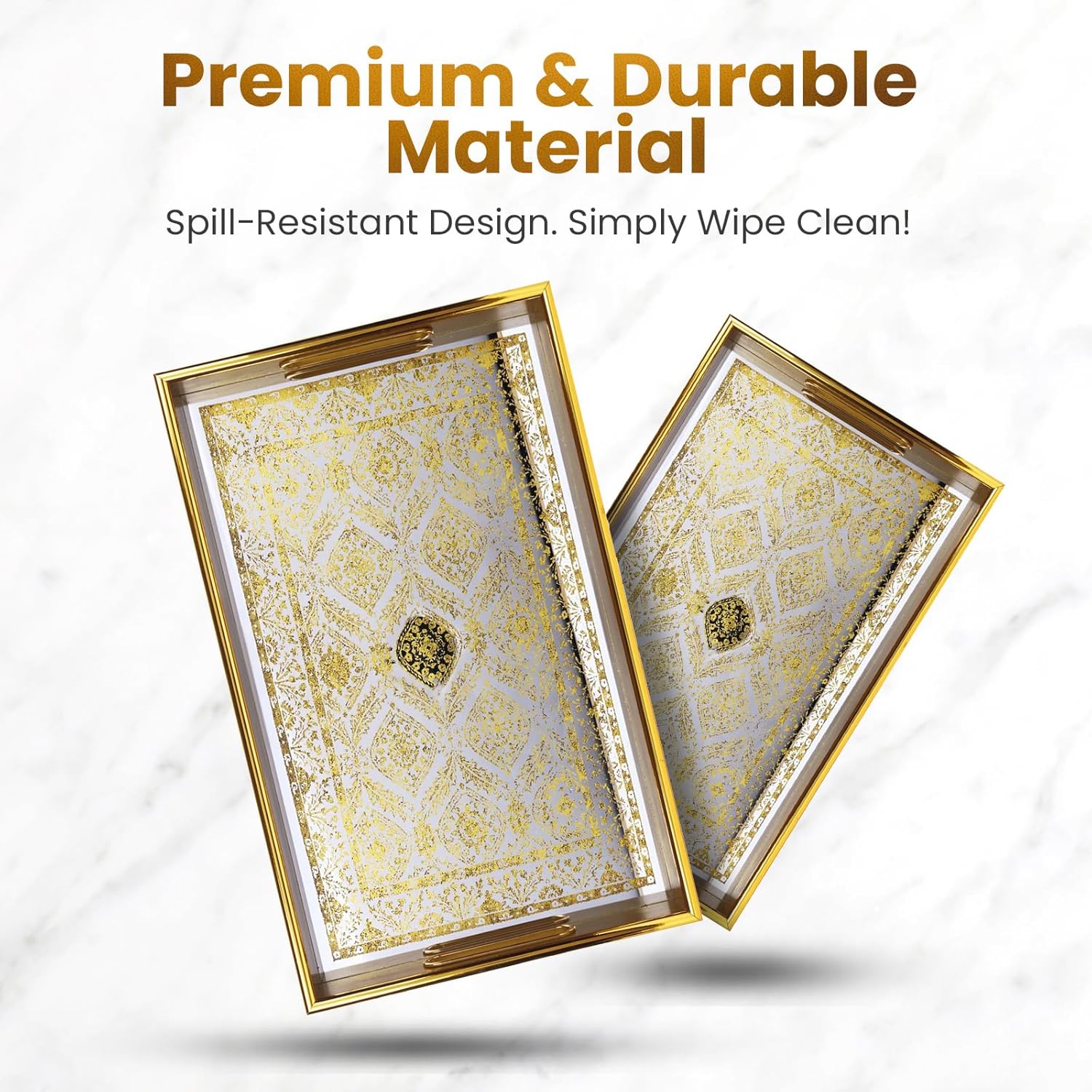 Serving Tray with Antique Look & Stylish Design Decorative Trays with Handles for Kitchen Rectangle Ottoman Tray for Dinning | Living Room & Home Decor | Pack of 2 (Gold)