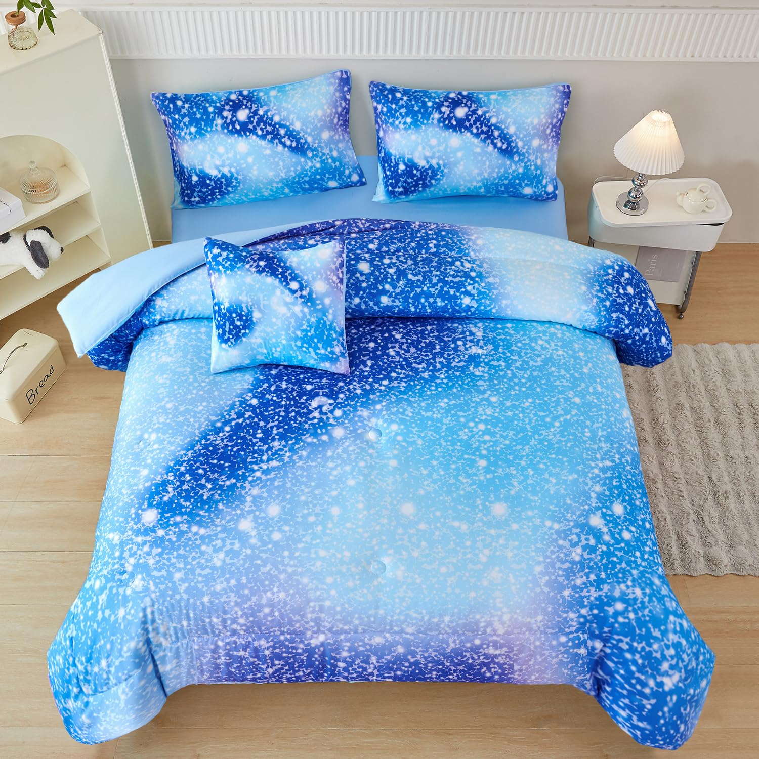 PERFEMET Full Size Comforter Sets for Girls - 6 Pieces Kids Bed in A Bag, Colorful Rainbow Fluffy Bedding Comforter Sheet Set, Tie Dye Glitter Girl Bedroom Bed Set (Blue, Full)