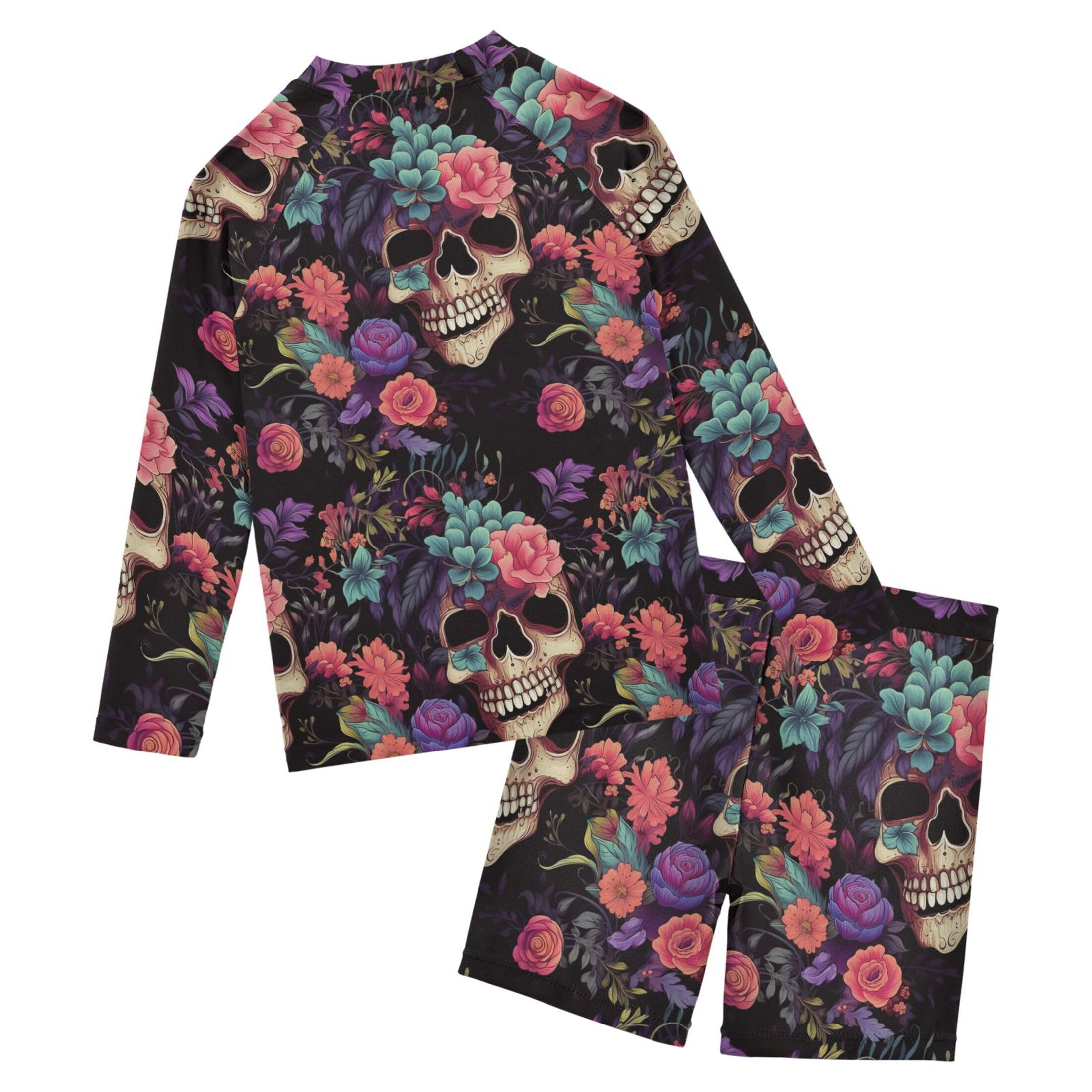 Sugar Skull Skeleton Gothic Flowers Baby Boys' Toddler Long Sleeved Rashguard Swim Bathing Suit Set B0402989
