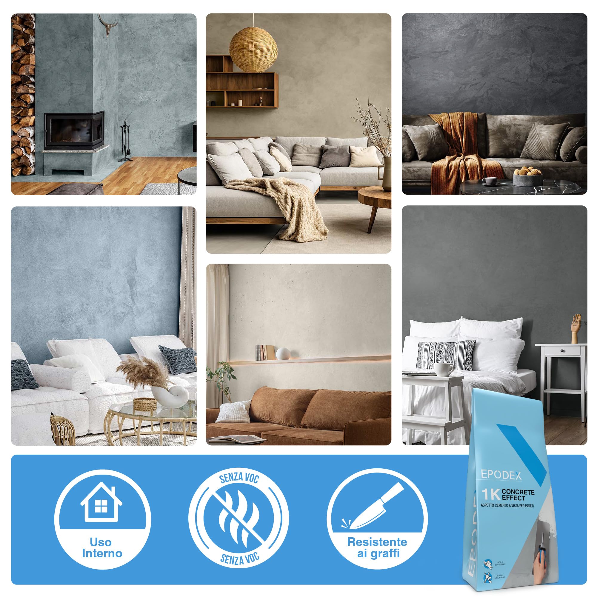 EPODEX CONCRETE EFFECT Stucco effetto cemento - Sand | Intonaco strutturato per pareti, piastrelle & altro - Interno & Esterno - 5 kg (5 m² - strato di 1 mm)