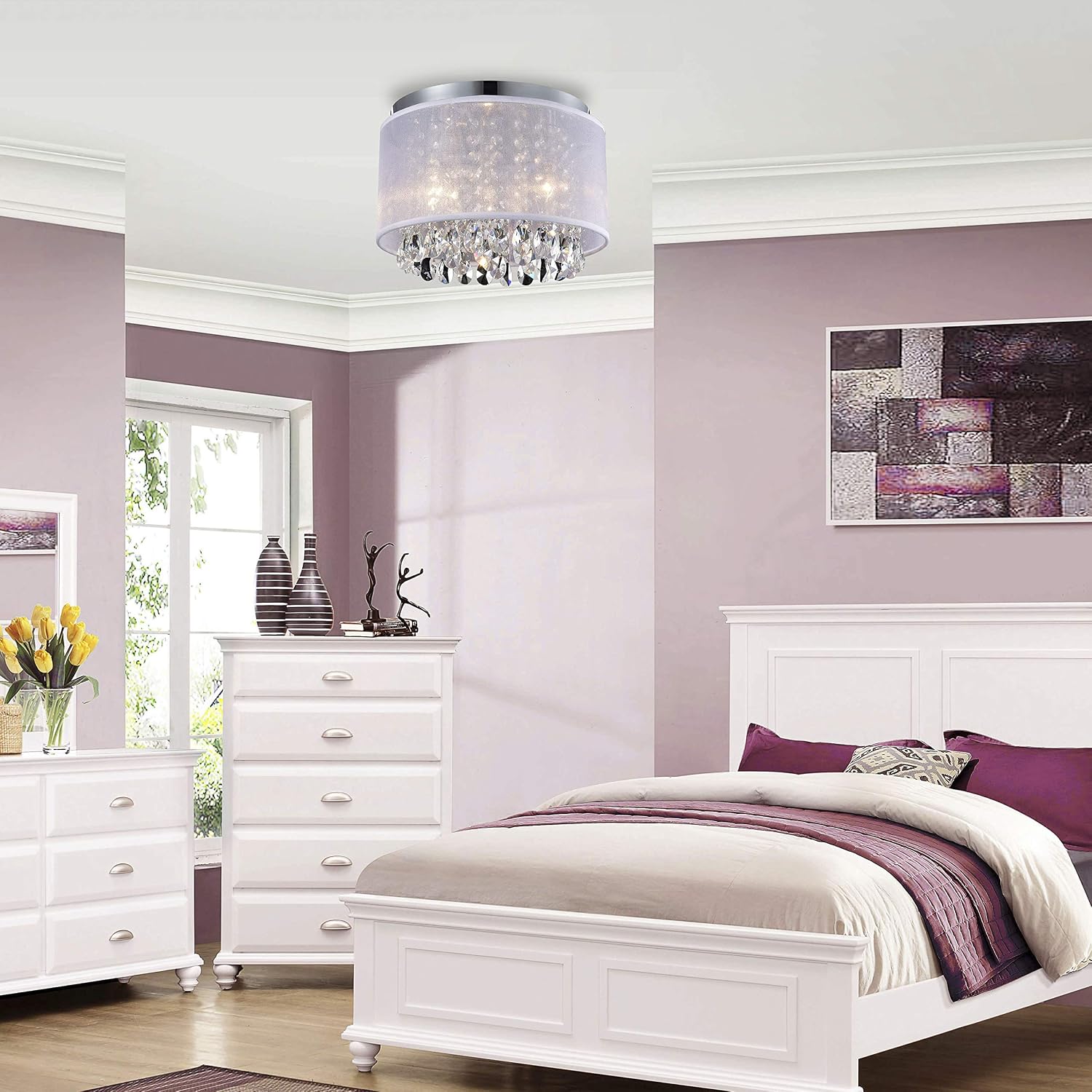 Bеѕt Cуbеr Mоndау 🔥 MO&OK Modern Mini Chandelier Net Yarn Drum White Crystal Ceiling Light 3 Light for Bedroom 40% оƒƒ Dіѕсоunt MO&OK Modern Mini Chandelier Net Yarn Drum White Crystal Ceiling Light 3 Light for Bedroom