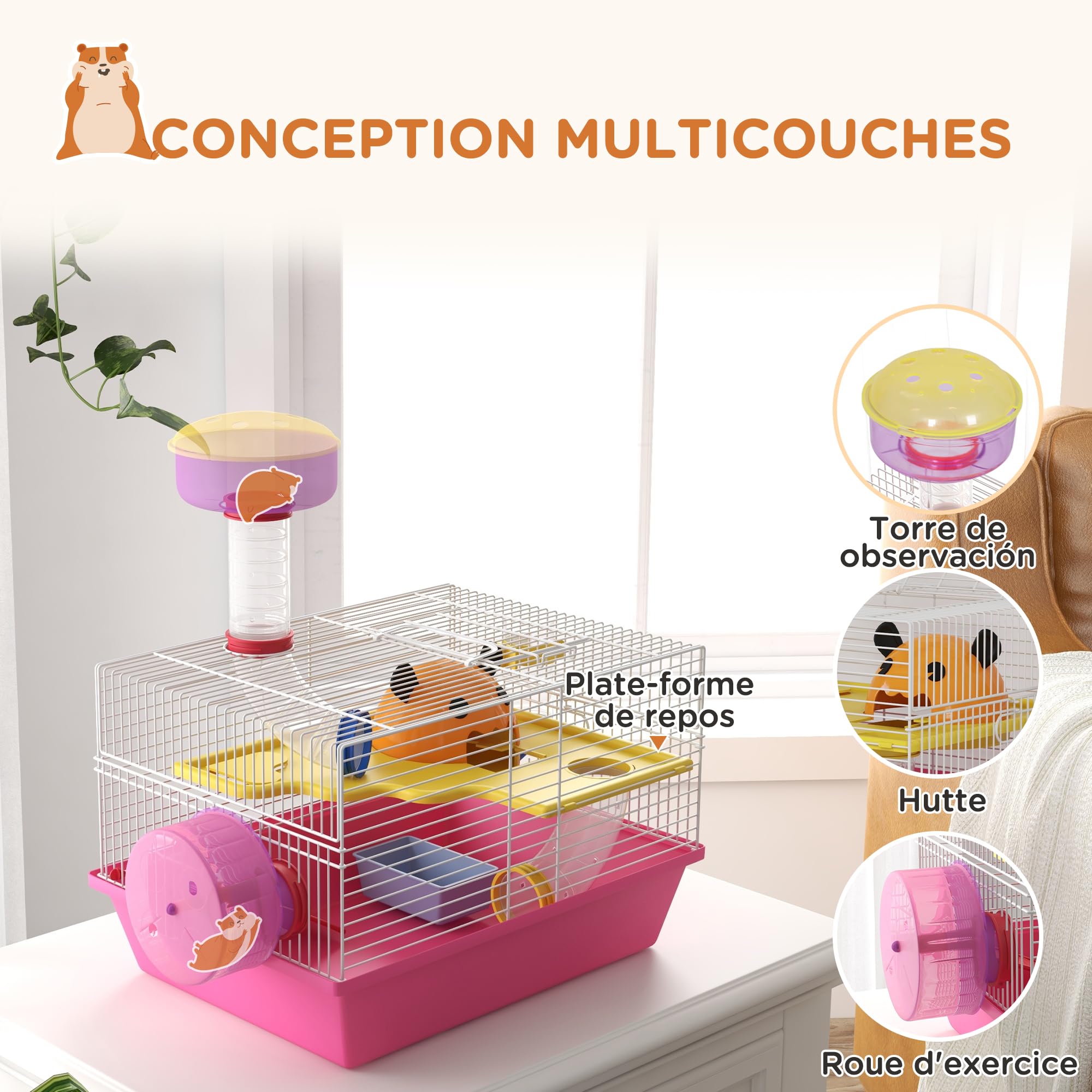 PawHut Cage à Hamster Rat Rongeur avec Plateforme, biberon Eau, Roue, maisonnette, 34 x 27 x 25 cm, Rose | Biberon Eau, Roue, Maisonnette