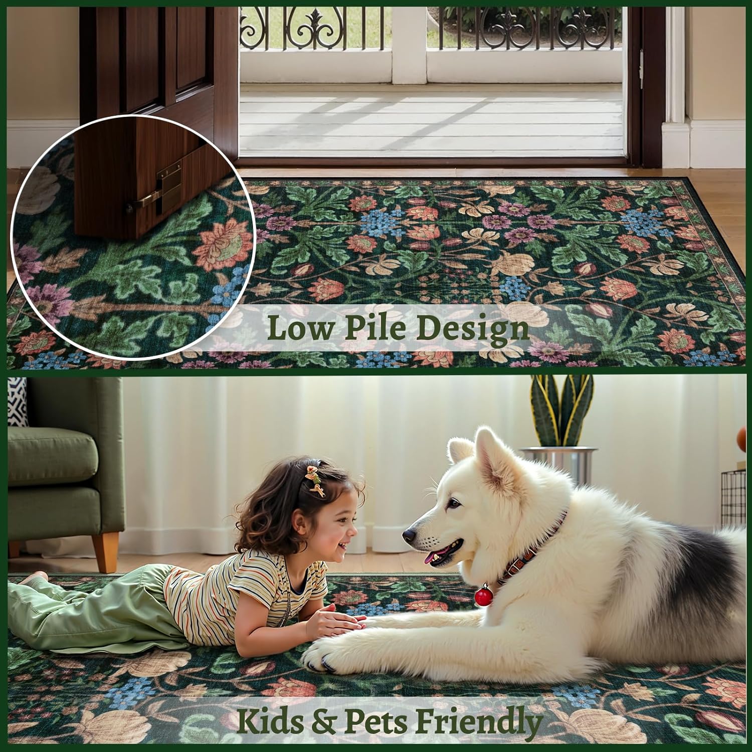 Ciicool Washable Area Rugs 4x6 for Bedroom Living Room Rug Hallway Entryway Playroom Laundry Office Home Boho Soft Low Pile Carpet Green Non-Slip Floral Green Carpets