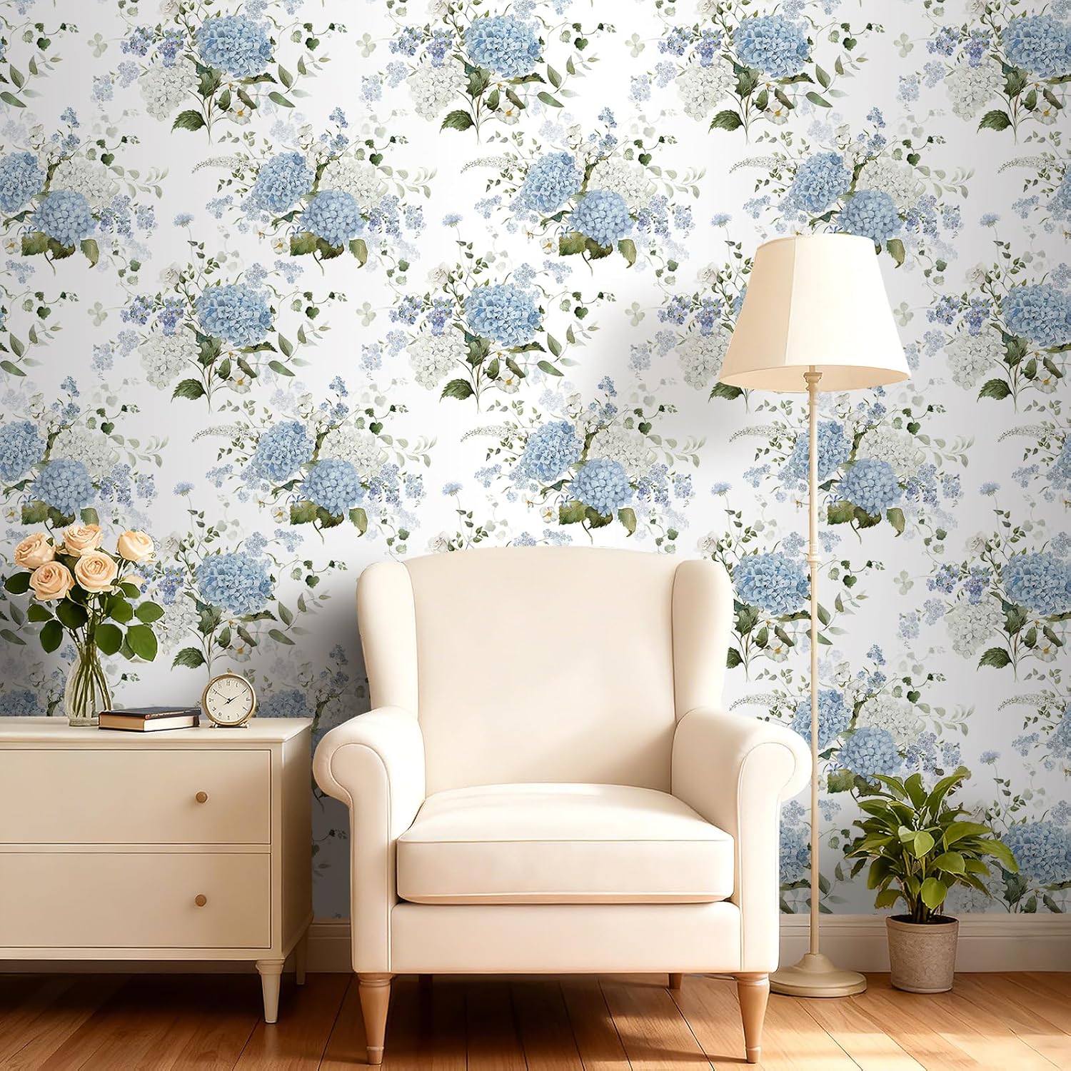 17.5x393 Nature Botanical Floral Peel and Stick Wallpaper Vintage Green White Blue Hydrangea Wallpaper for Bathroom Bedroom Prepasted Light Blue Floral Contact Paper Waterproof Shelf Liner