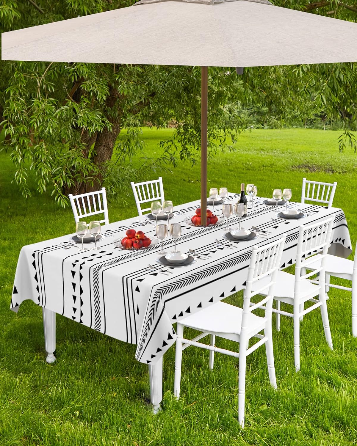 Outdoor Tablecloth with Umbrella Hole & Zipper, Boho Black White Modern Stripes Rectangle Tablecloth 60x84 Inch, Farmhouse Abstract Art Patio Table Cover Waterproof Table Cloth for Picnic/Party