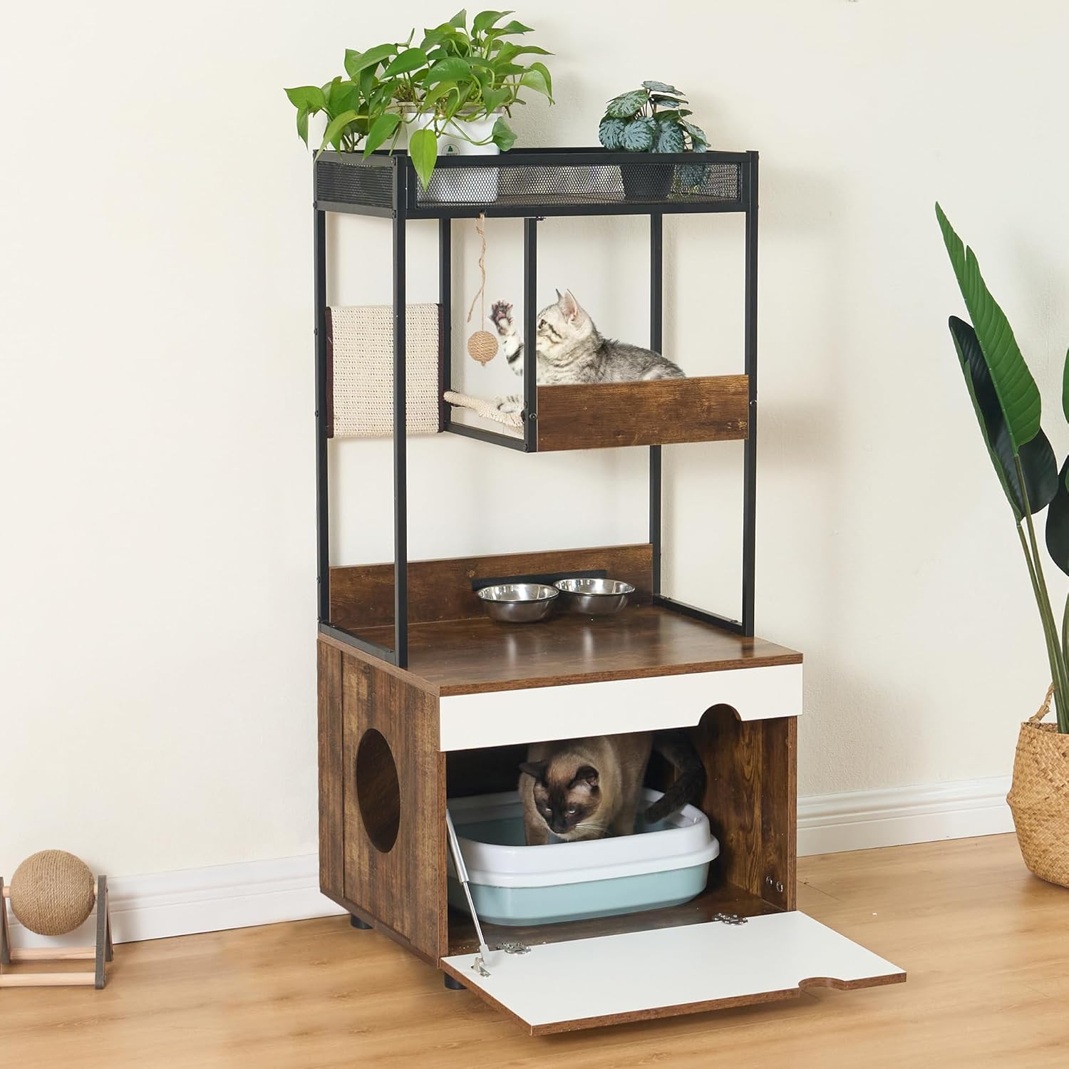 Cat Litter Box Enclosure Furniture with Cat Tree Tower, Kitty Litter Box Hidden Cabinet with Shelves Scratching Pad and Cat Bowls, Cat Washroom Indoor Cat House,Rustic Brown…