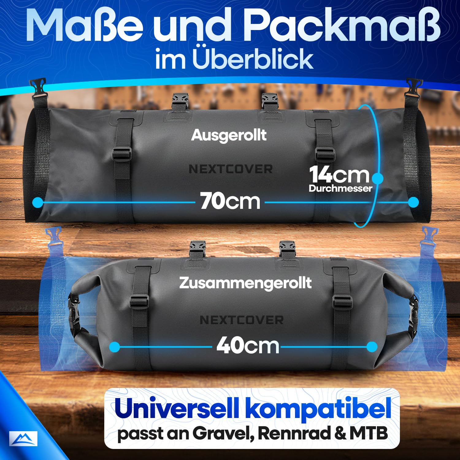 Nextcover® Bikepacking Lenkertasche Fahrrad [10 Liter] I Fahrradtasche Lenker - 100% Wasserdicht Dank AquaShield-TPU I Kompakte Lenkerrolle Fahrrad I Bikepacking Taschen für Gravelbike Rennrad, MTB