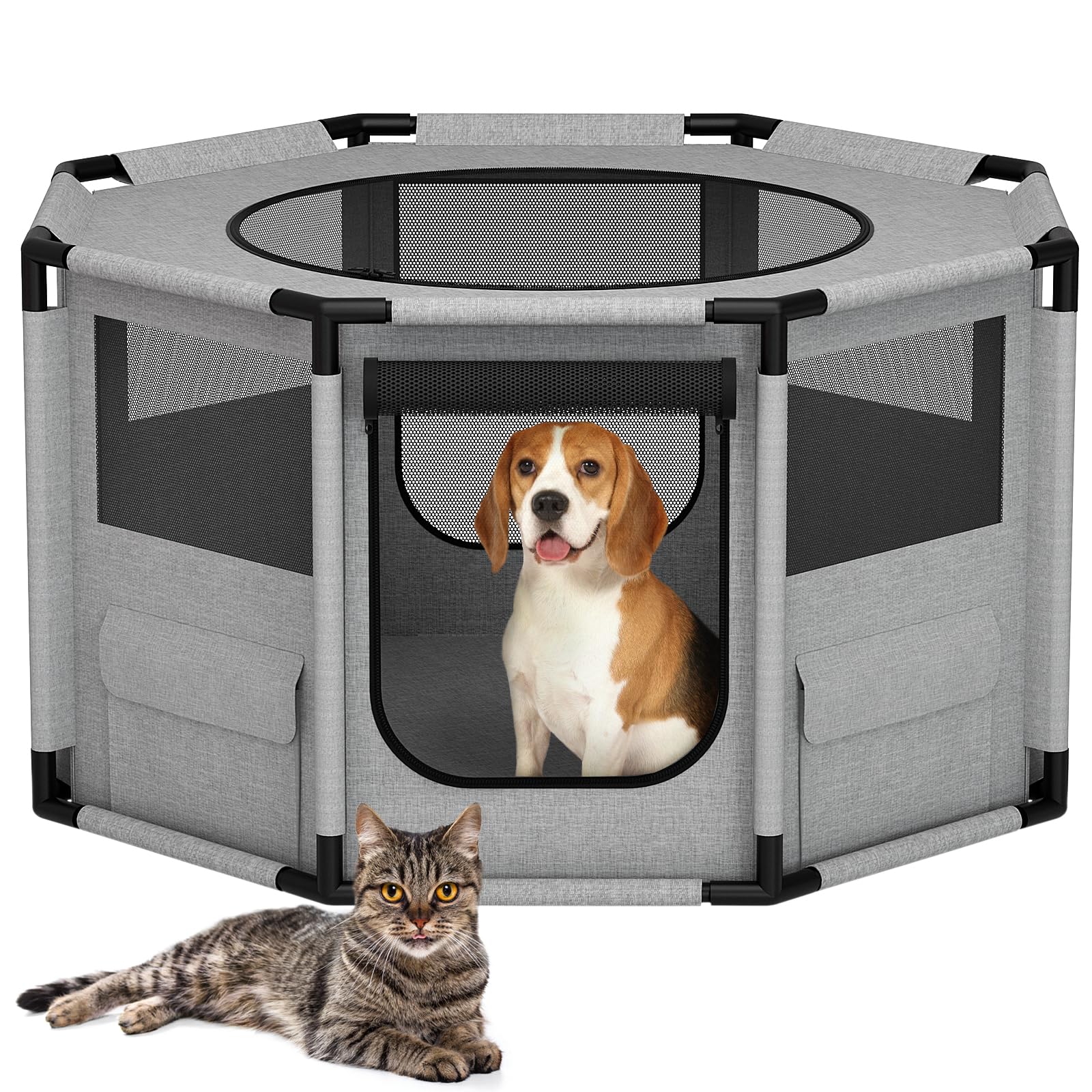 Parque Perros 120x120x64,5 cm, Parque para Perros XXL, corralito para Perros con Bolsas de Almacenamiento, Jaula Perro con Base Impermeable, Parque Gatos, Corral Perro Octogonal