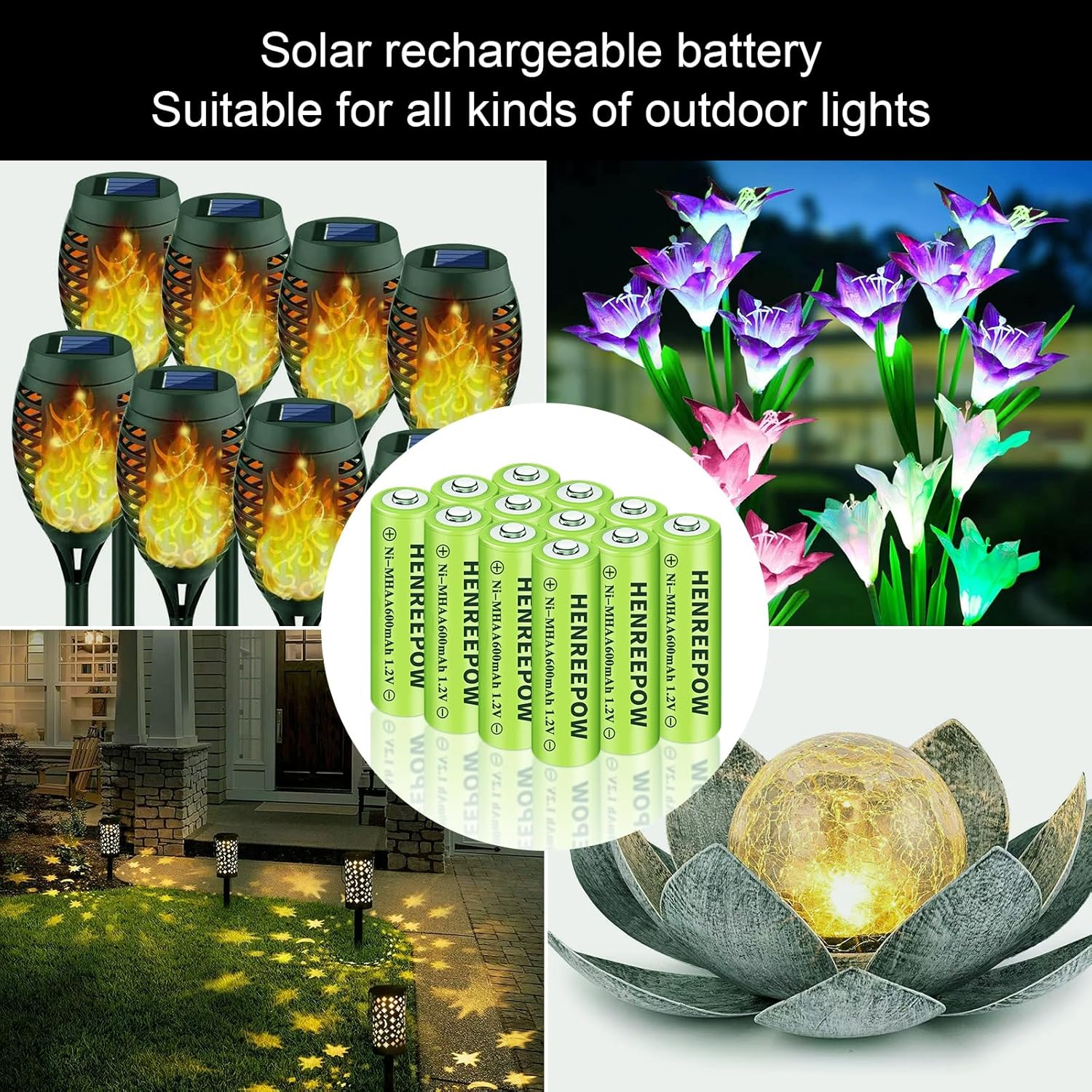 Henreepow AA Solar Rechargeable Batteries, Double A 1.2V Ni-MH Pre-Charged for Garden Landscaping Outdoor Solar Lights, String Lights, Pathway Lights (AA-600mAh-24pack)