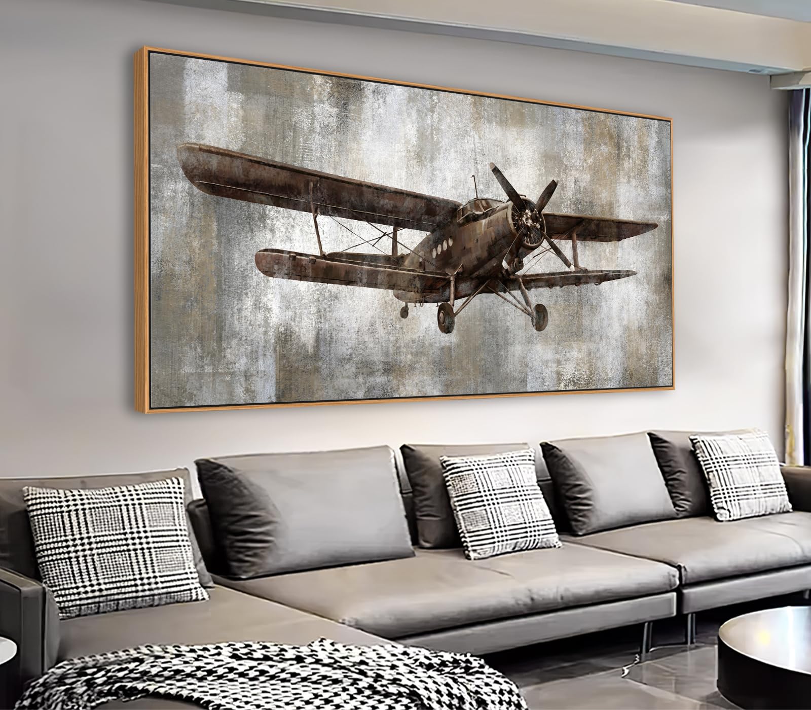Framed Vintage Airplane Wall Art - Retro Aircraft Canvas Pictures Grey-tone Abstract Background Wall Decor Rustic Elegance Canvas Print Aesthetic Painting Artwork Home Office Decor 30" x 60"