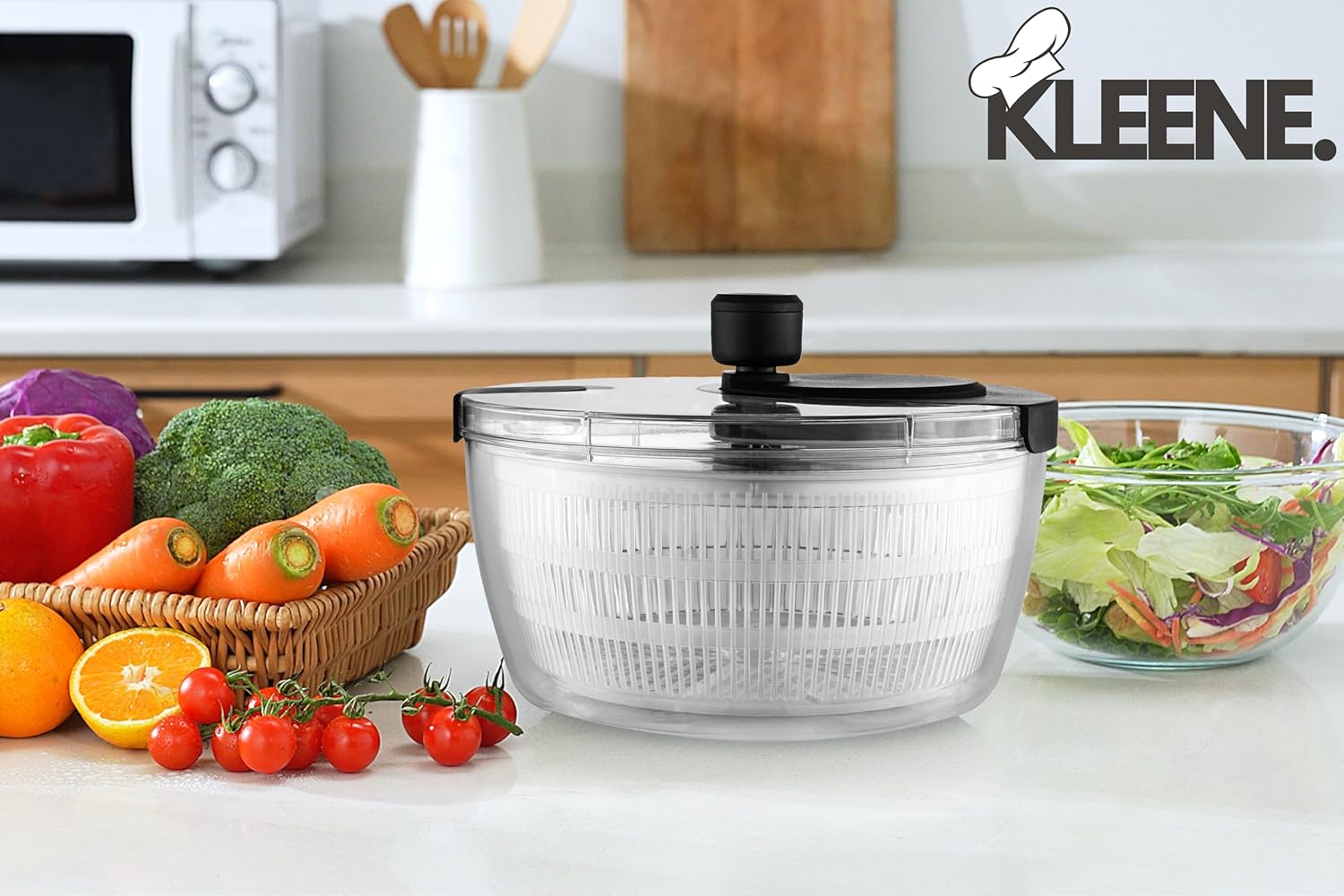 Salad Spinner – Large Clear Bowl with Drain and Colander – Multi-use Vegetable Dryer, Lettuce Spinner, Fruit Washer, Salad Mixer, Pasta & Fries Spinner - 4.2 Qt