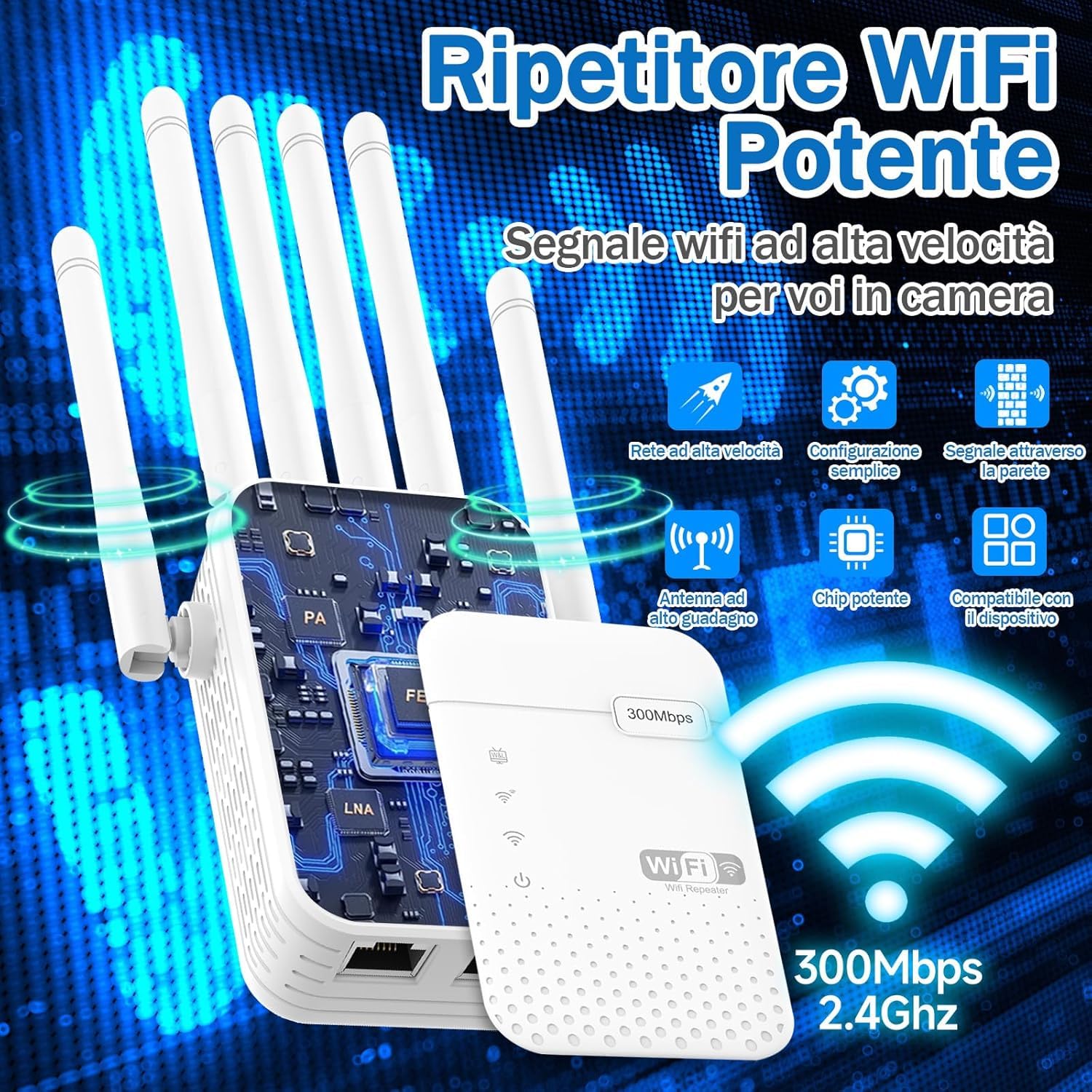 Ripetitore WiFi 300 Mbps Con 6 Antenne – Copertura Fino A 10.000 M², 2 Porte LAN E Modalità AP/Repeater Per Casa E Ufficio