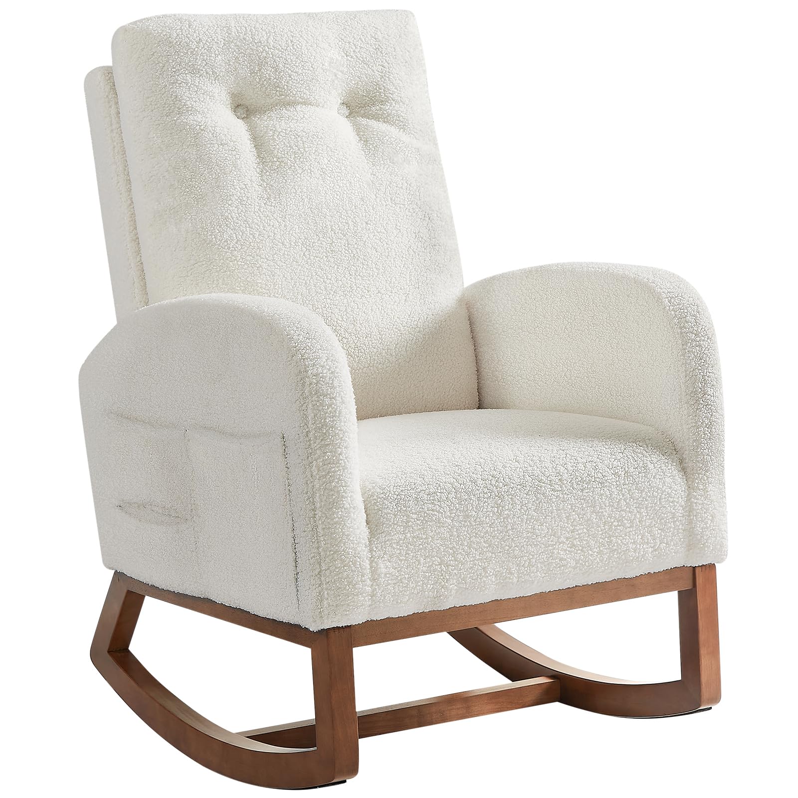 ONBRILL Rocking Chair Nursery, Rocking Chairs with Solid Wood Legs, Teddy Fabric, Glider Chair with Upholstered High Backrest, Nursery Chair for Living Room, Baby Room, Bedroom
