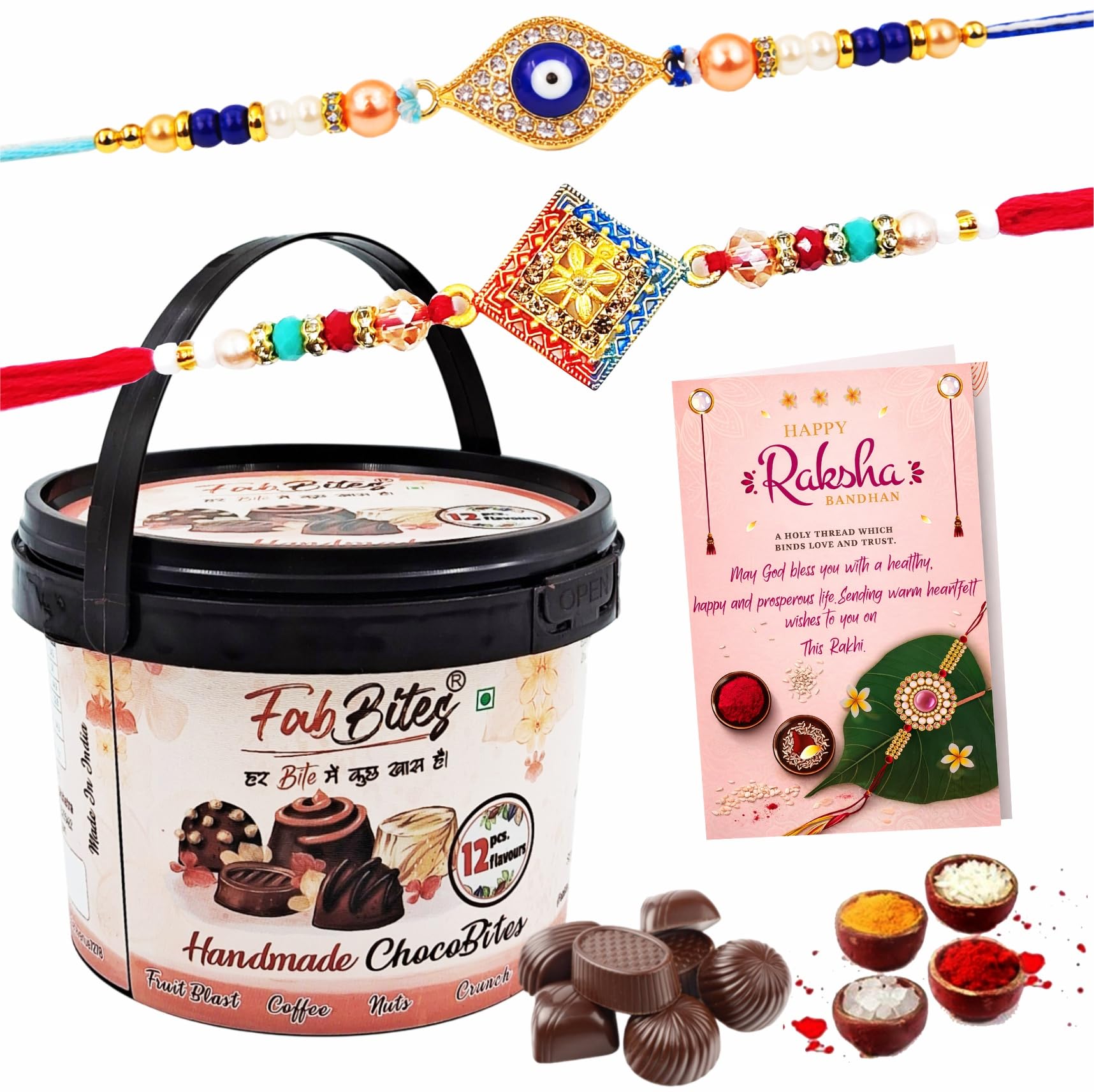 Rakhi Set of 2 for Brother with Chocolate Gift Box Hamper-Glorious Rakhi Set for Brother Pack of 2 with Chocolate Combo Delicious 12 Variety Chocolates, Rakshabandhan Greeting Card, Roli,Chawal,Chandan,Mishri-image-6