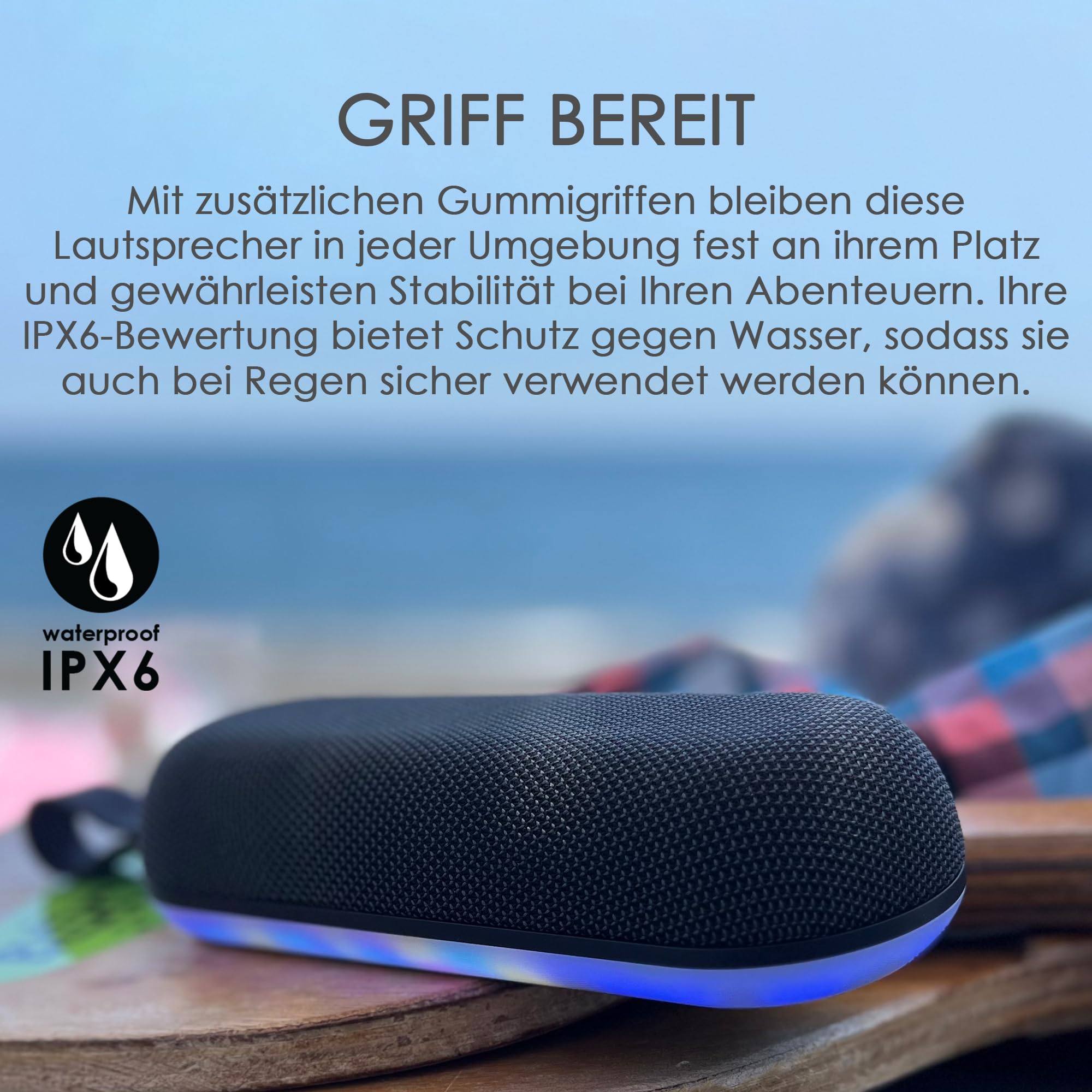 Boompods Halo Kleiner Bluetooth Lautsprecher - Tragbarer Outdoor Lautsprecher mit Mikrofon, IPX6 Wasserdicht und 5 Std. Spielzeit, Kabelloser Party Musikbox mit LED-Lichtshow für Reise und Party