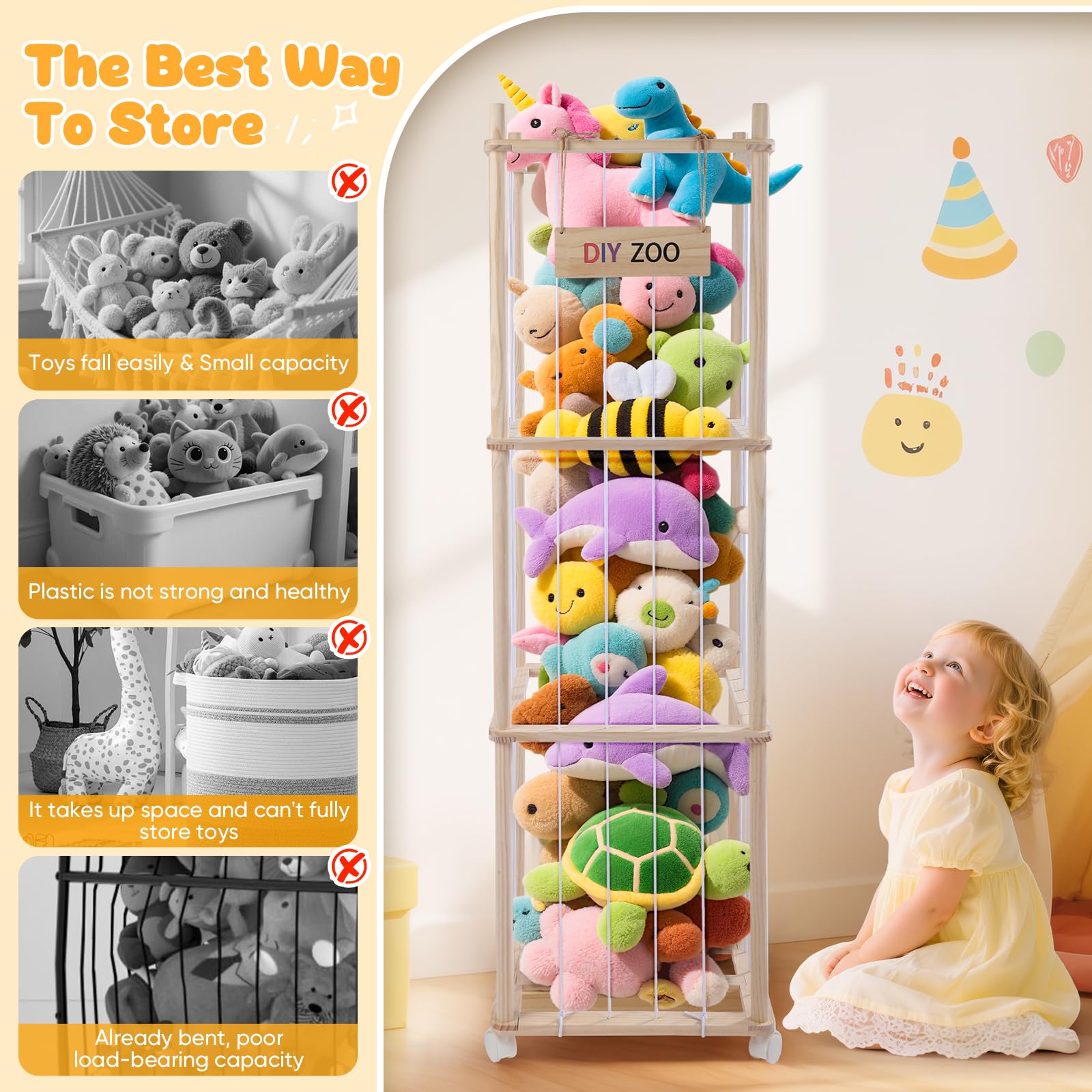 Caja de Almacenamiento para Peluches, 138x41x41cm de Madera Maciza con Ruedas Giratorias Bloqueables de 360°, Ideal para Habitaciones de Bebés, Salas de Estar, Dormitorios y Habitaciones Infant