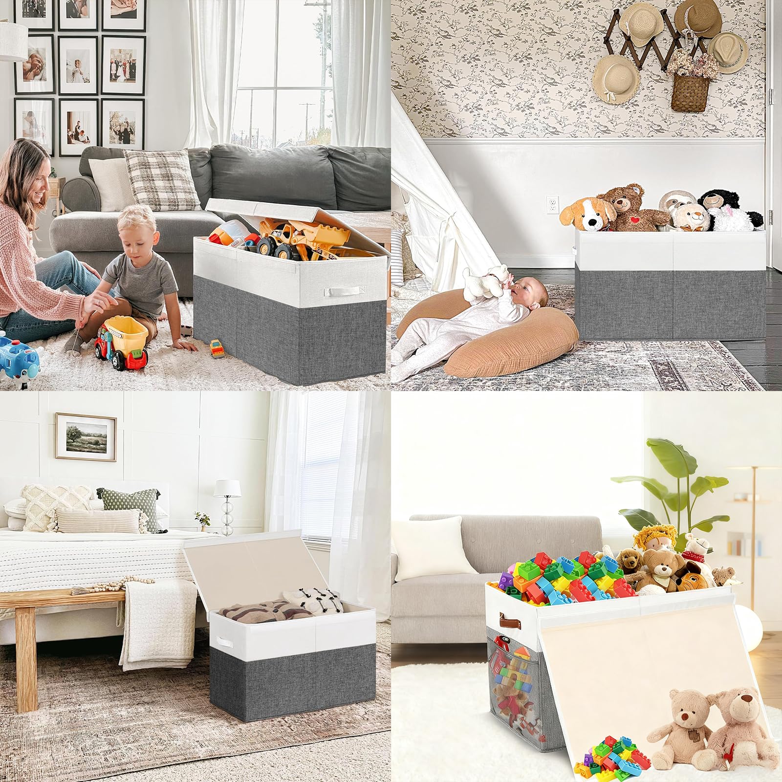 Caja Almacenaje Juguetes con Tapa, Gran Caja de Almacenamiento Plegable para Niños 62x32x40 cm con Asas y Divisor Extraíble, Organizador Almacenaje Juguetes Infantil para Habitación, Grey