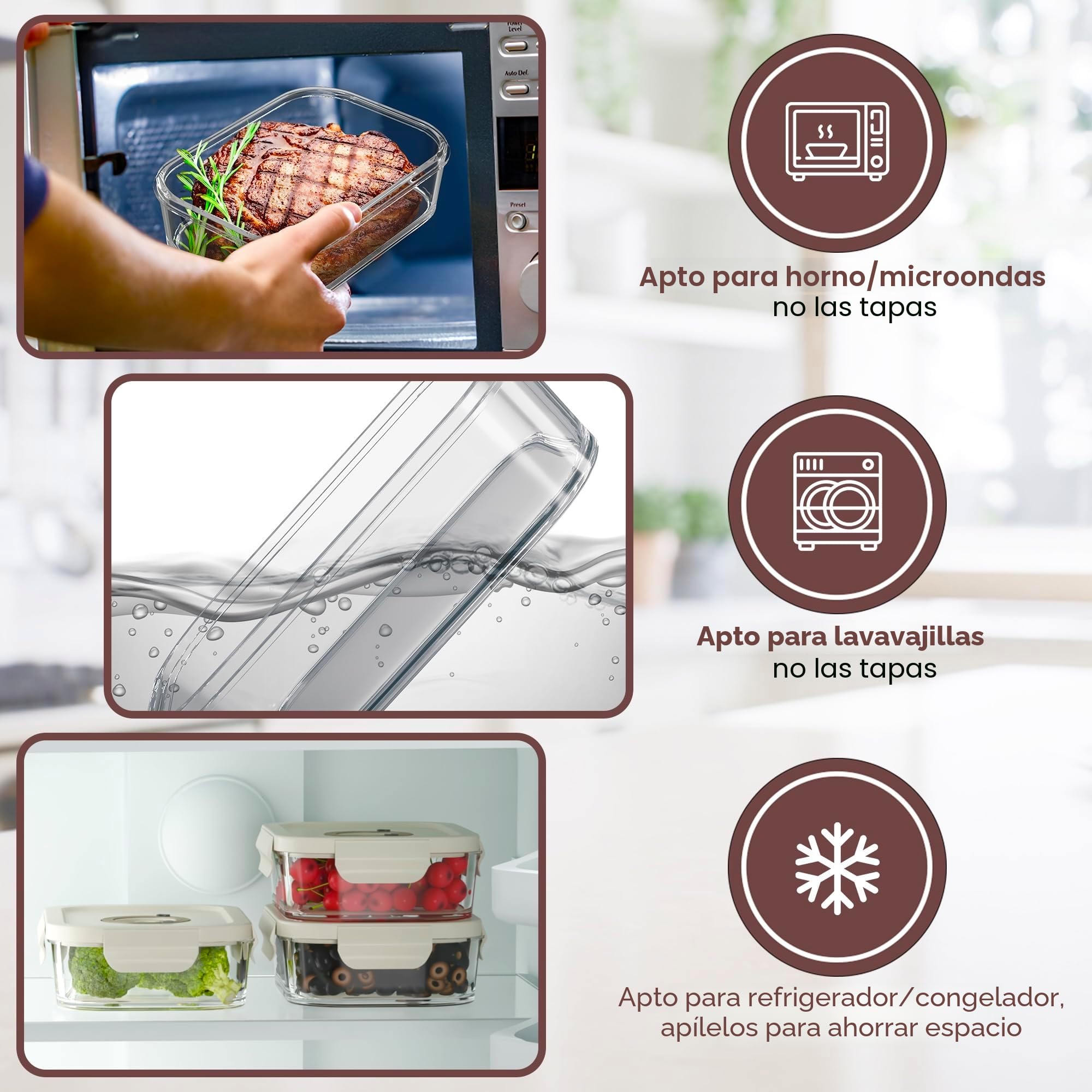 Paquete de 5 recipientes de almacenamiento al vacío de vidrio 1040 ml con rastreador de fecha y bomba, tapas herméticas aptas para horno