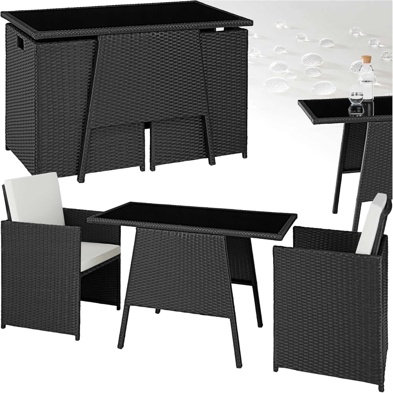 tectake® Poly Rattan Sitzgruppe für 2 Personen, Outdoor Möbel platzsparend zusammenschiebbar, 2 Sessel &amp; 1 Tisch, ideales Balkon Lounge Set, Gartenmöbel, Terrassenmöbel wetterfest - schwarz