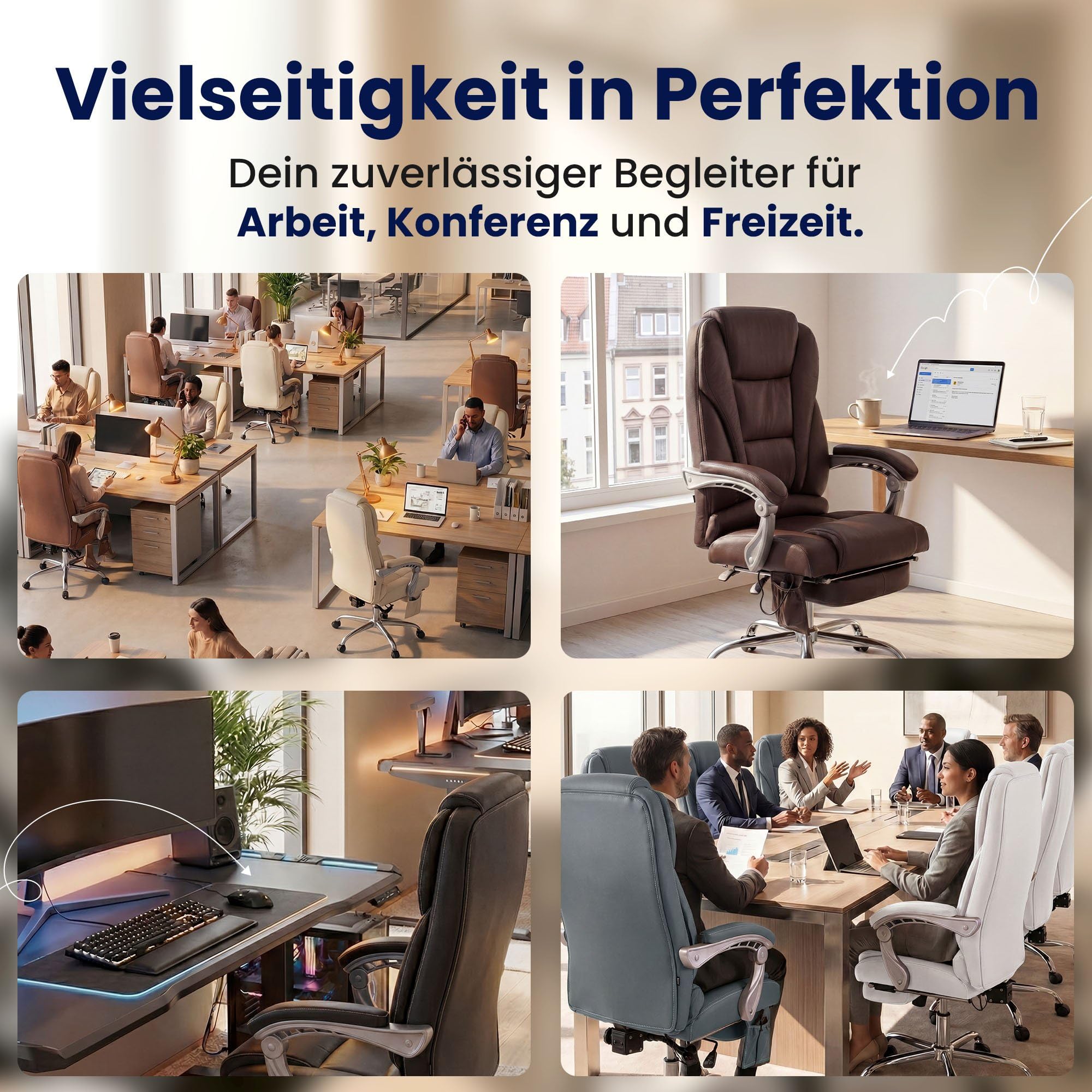 CLP Bürostuhl ergonomisch Pacific mit Echtleder-Akzenten und Massagefunktion, höhenverstellbarer Drehstuhl mit Armlehnen, 150kg belastbar | Farbe Hellbraun