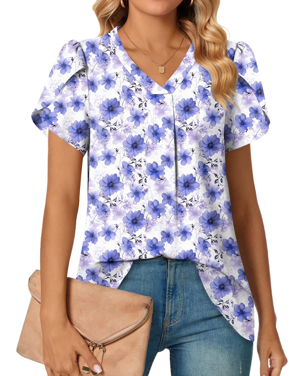 Aodemo Women's 2025 Summer Dressy Chiffon Blouse Petal Short Sleeve V Neck Tunic Tops Office Work Shirt for Leggings