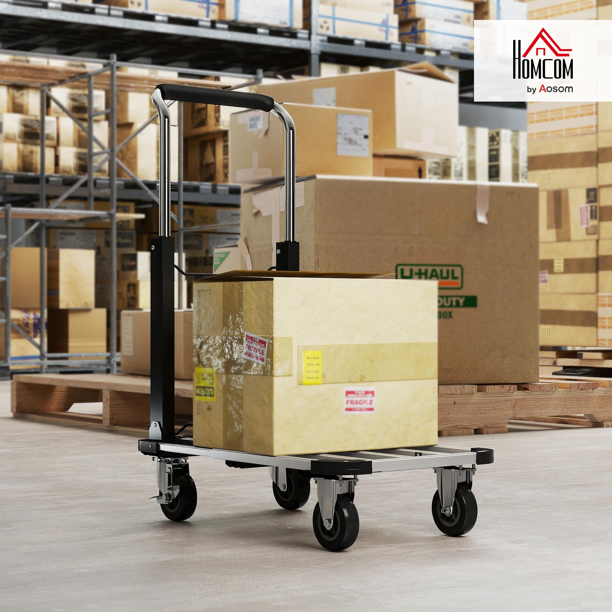 HOMCOM Wózek platformowy, składany, 150 kg, z hamulcem postojowym, kółka skrętne, kolor srebrny | Wózek transportowy, wózek ręczny, wysuwana platforma, regulowany uchwyt, pomoc transportowa, wózek paczkowy
