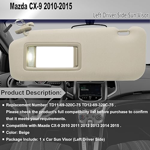 Miniatura 2 de Visera solar izquierda del conductor compatible con Mazda CX-9 2010-2015, reemplaza # TD11-69-320C-75 TD12-69-320C-75. Color beige