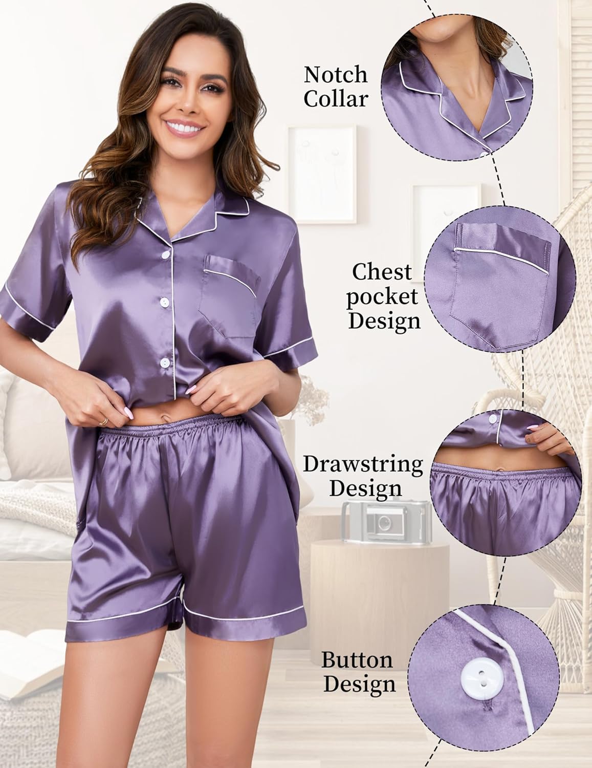 Womens Silk Satin Pajamas Set 2 Piece Satin Pjs Shorts Set Soft Button Down silk Loungewear Sets - Image 4