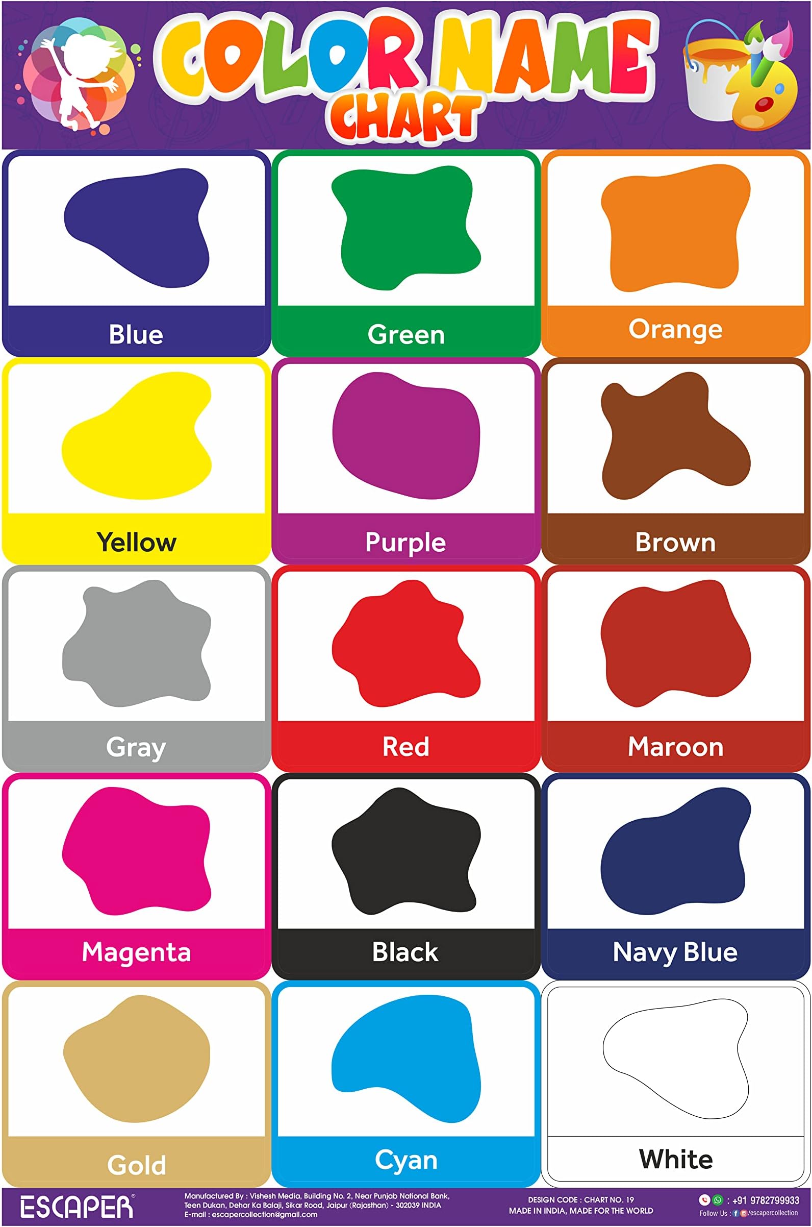ESCAPER Colour Name Chart for Kids learning (11.5 x 17.5 inches), Color Charts for Kids wall Hanging, Color Charts Wall, Color Charts for Art and Crafts