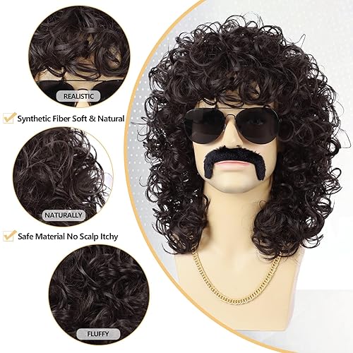Miniatura 5 de Peluca negra de los años 70 y 80 para hombre, gafas, cadena dorada, bigote, gorra de peluca, pelucas divertidas sintéticas largas y rizadas para